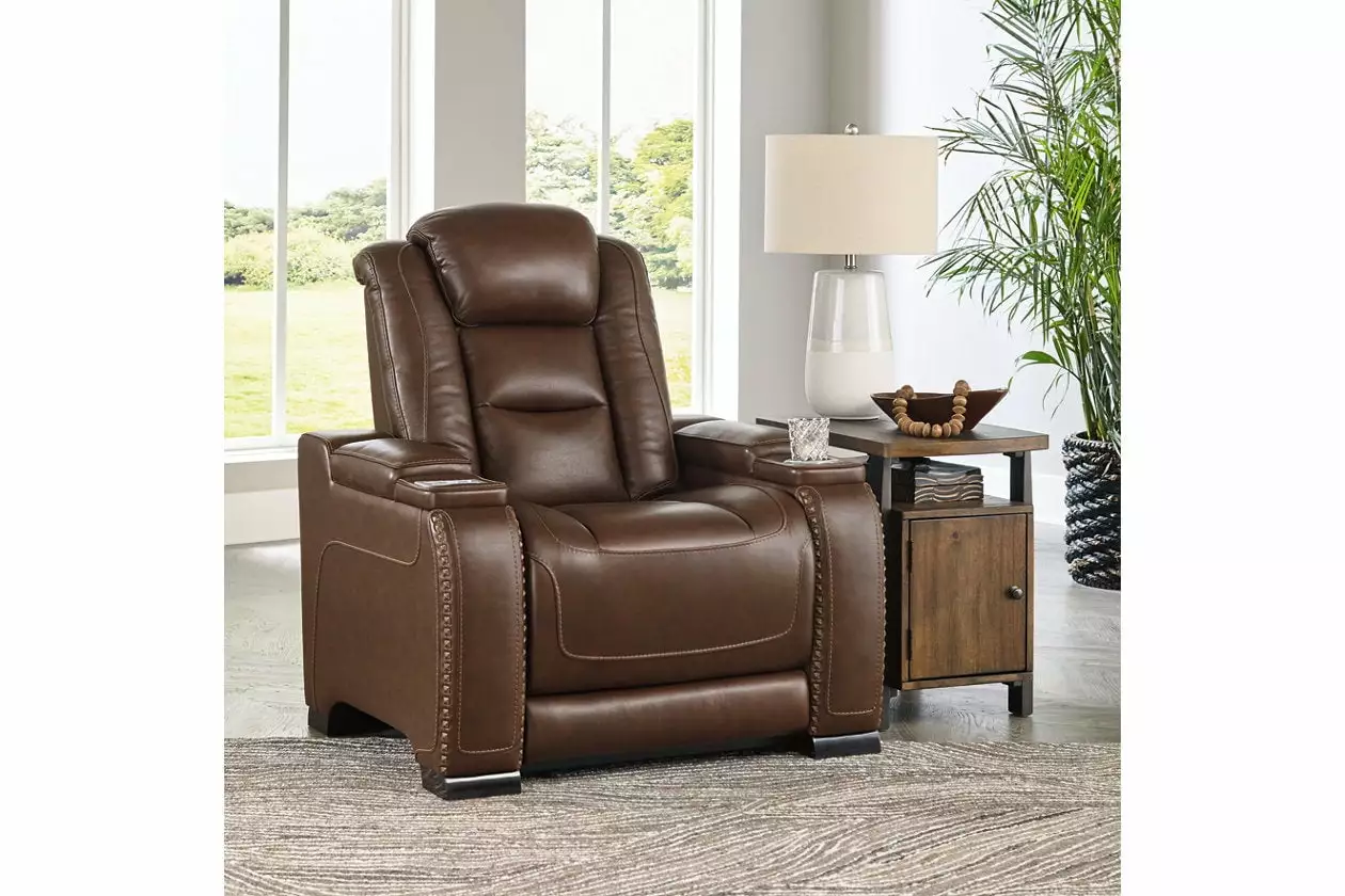 Ashley Furniture Man-Den Leather Power Recliner Headrest - Dark Brown
