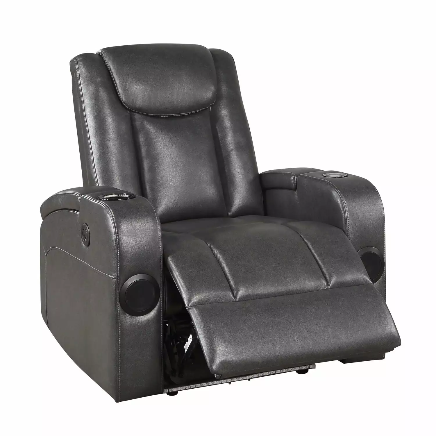 Benjara Emily 38 Inch Power Recliner Chair Cooling Cupholder and LED Gray PU Leather
