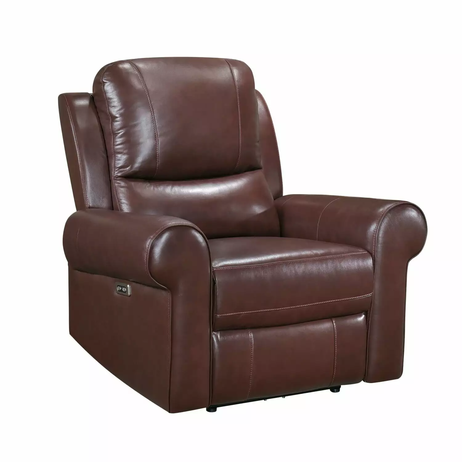 Benjara Michael 39 Inch Power Recliner Chair USB Port Brown Top Grain Leather