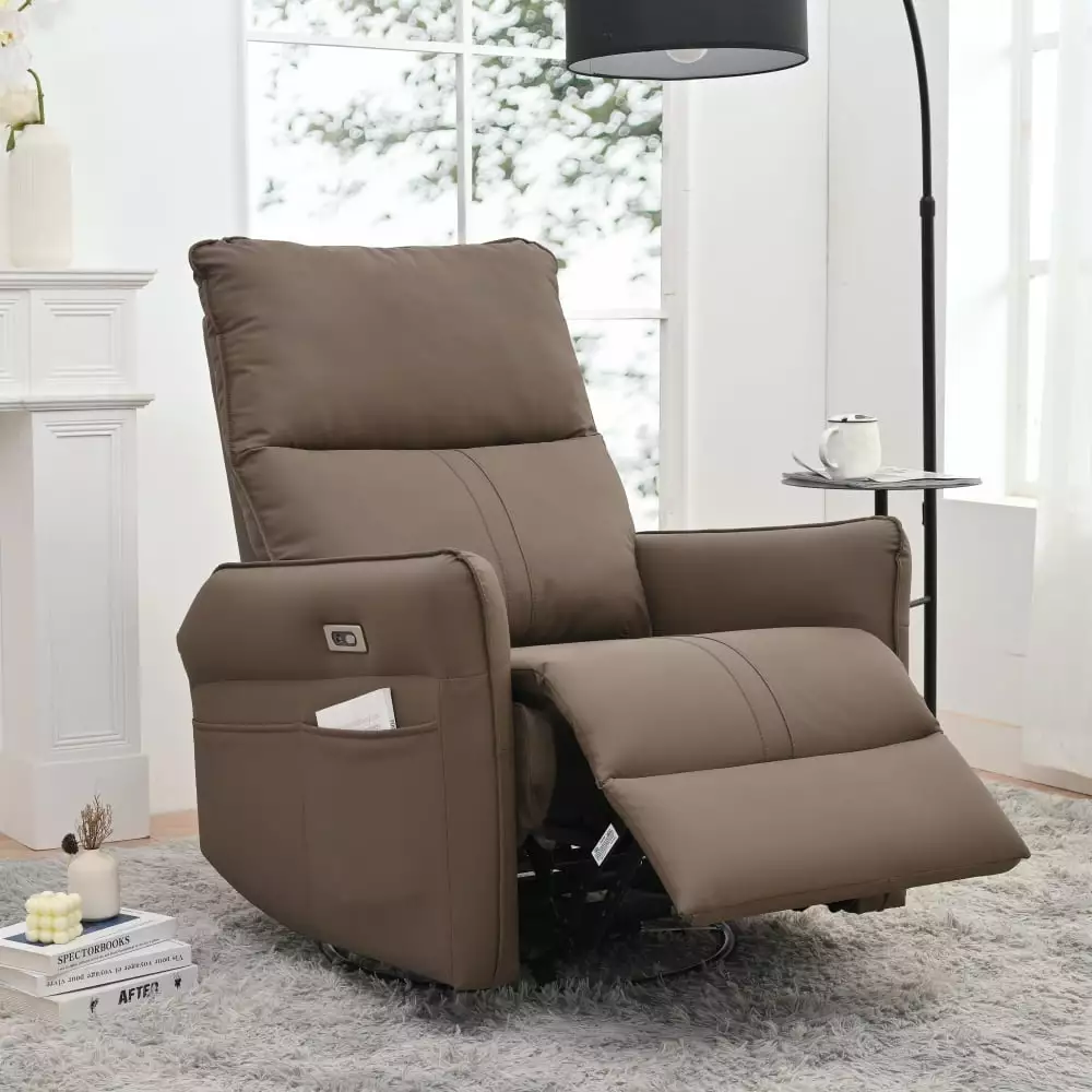 DeeHome 270 Degree Power Swivel Rocker Recliner Chair USB Ports - Electric Glider Recliner Brown