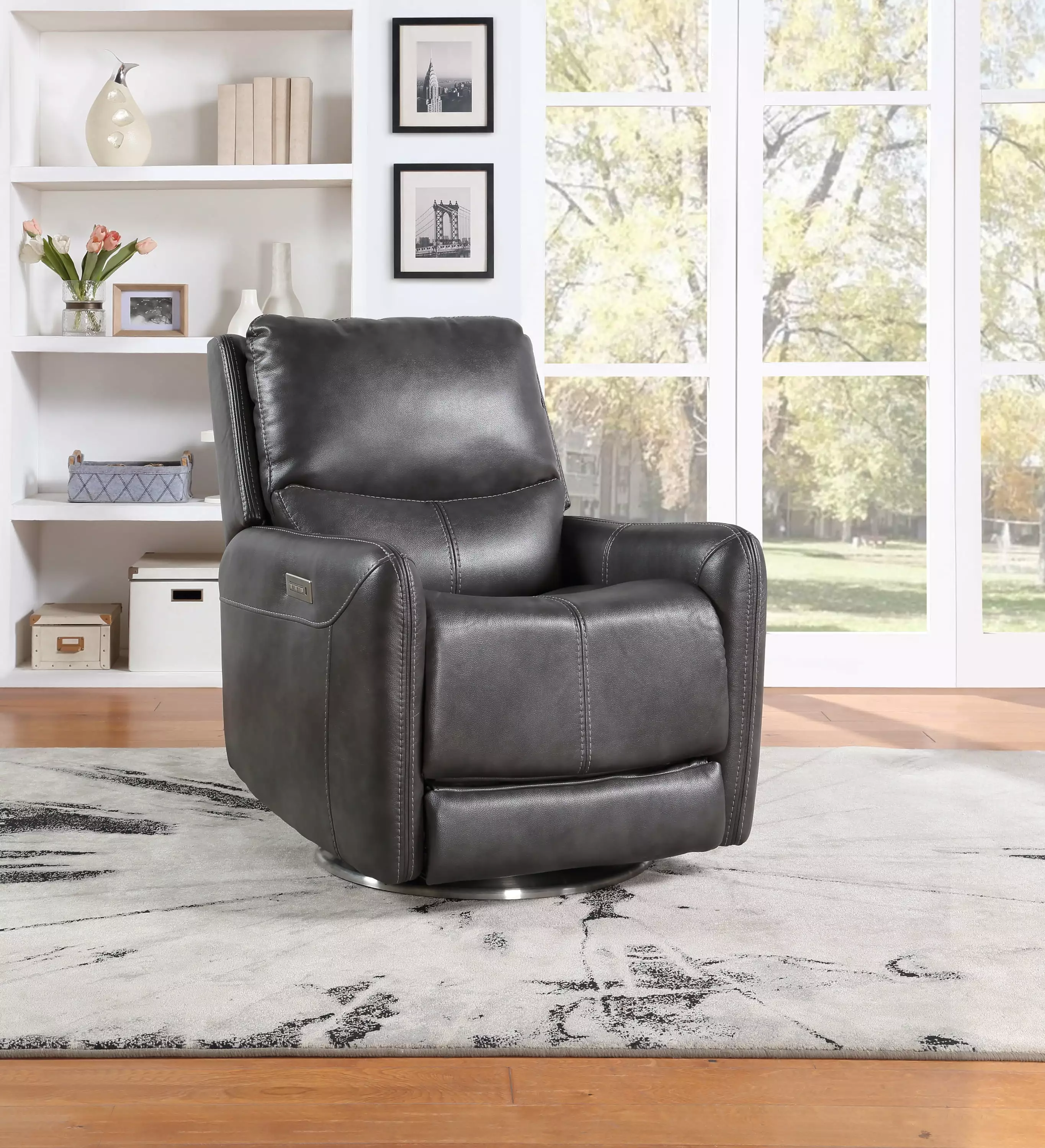 DeeHome Elegant Triple-Power 360 Swivel Recliner Power Footrest and Headrest Charcoal Faux-Leather