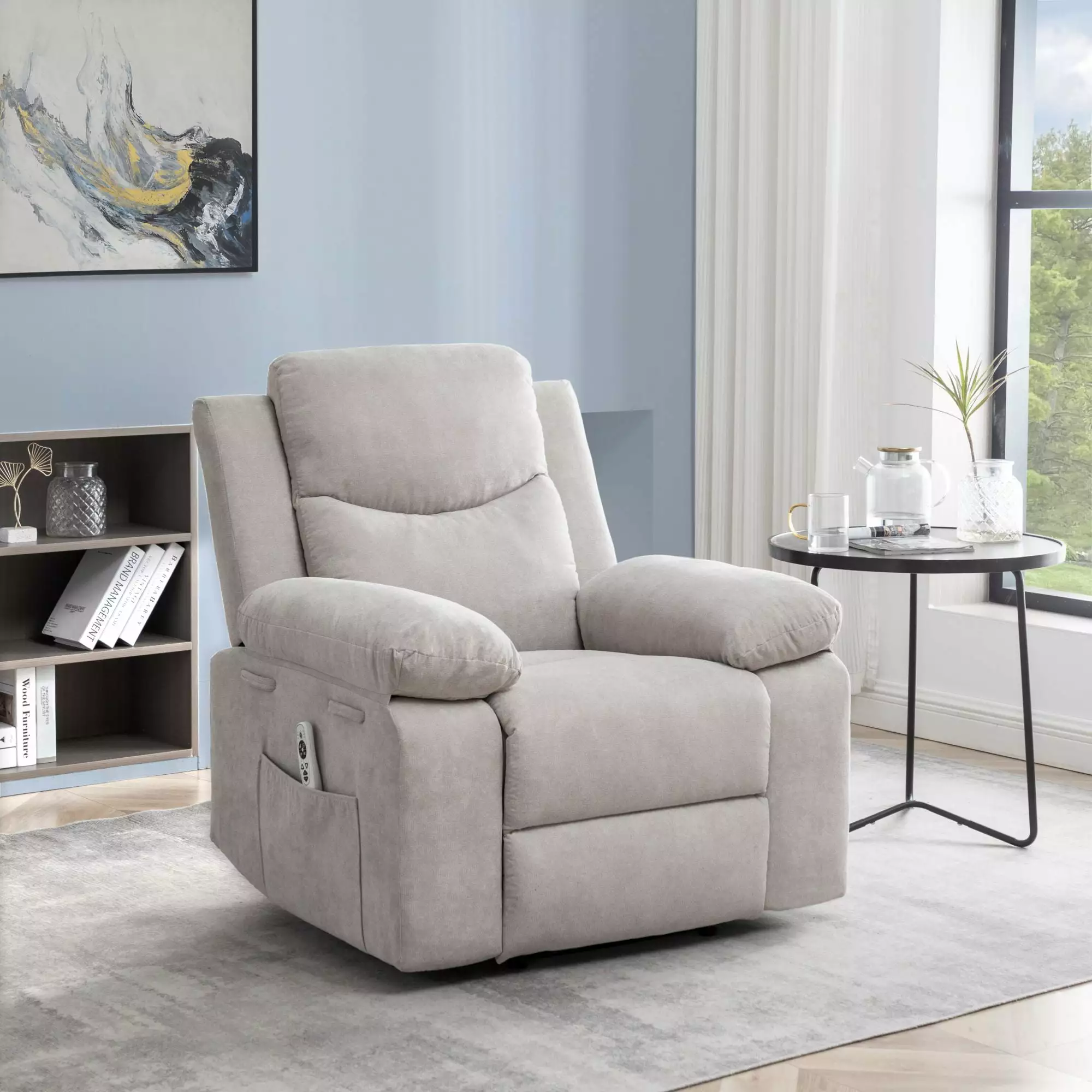 Power Recliner Chair Adjustable Massage and Heating System Beige Fabric Living Room Recliner Jamini