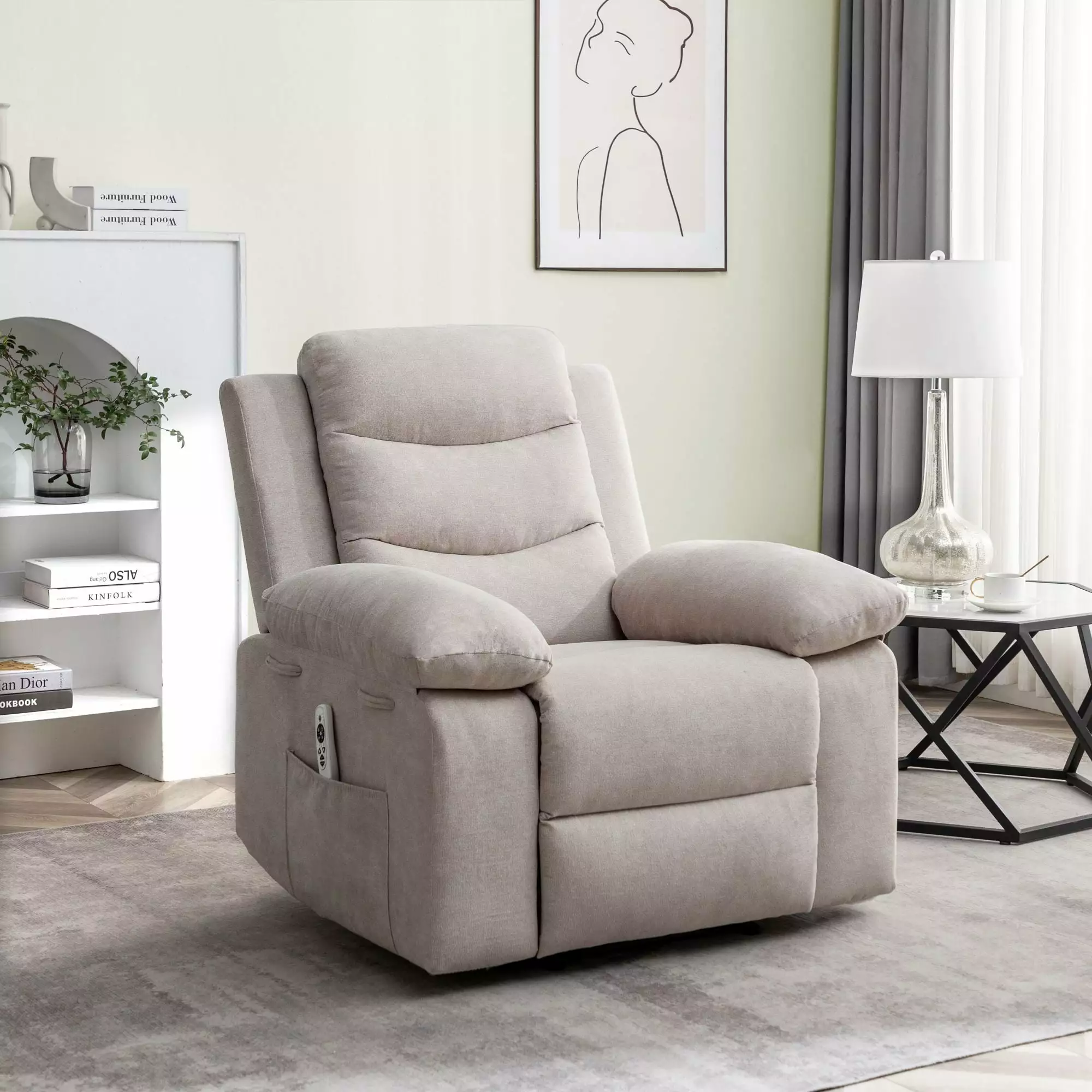 Power Recliner Chair Adjustable Massage and Heating System Beige Fabric Living Room Recliner Jamini