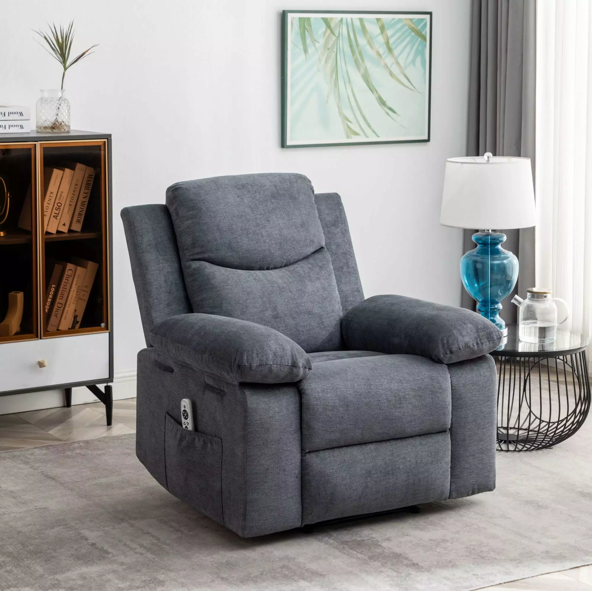 Power Recliner Chair Adjustable Massage and Heating System Dark Gray Fabric Living Room Recliner Jamini