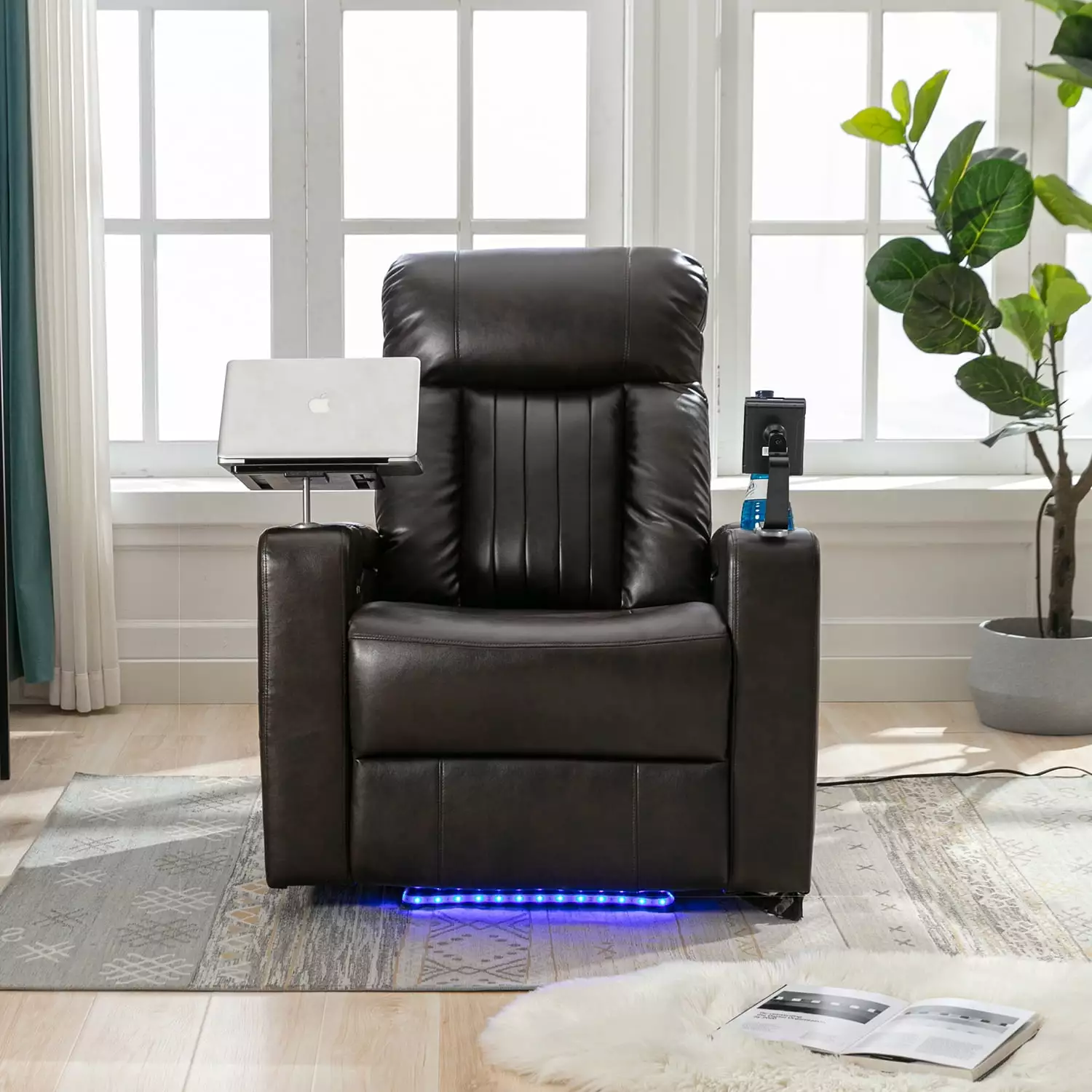 Kadyn Power Motion Recliner Chair USB Charging Port Hidden Arm Storage Brown PU Leather