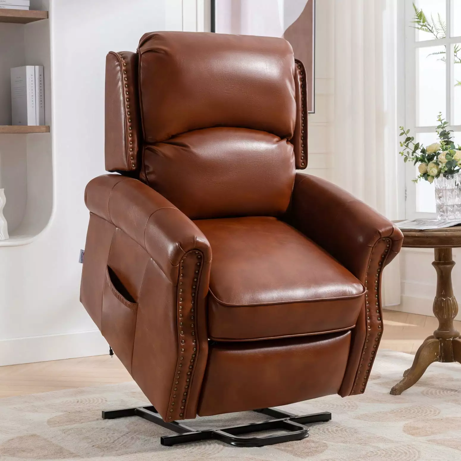 Caramel Power Recliner Chair Smooth Faux Leather Upholstery Side Pocket and USB Charging Home Theater LMing