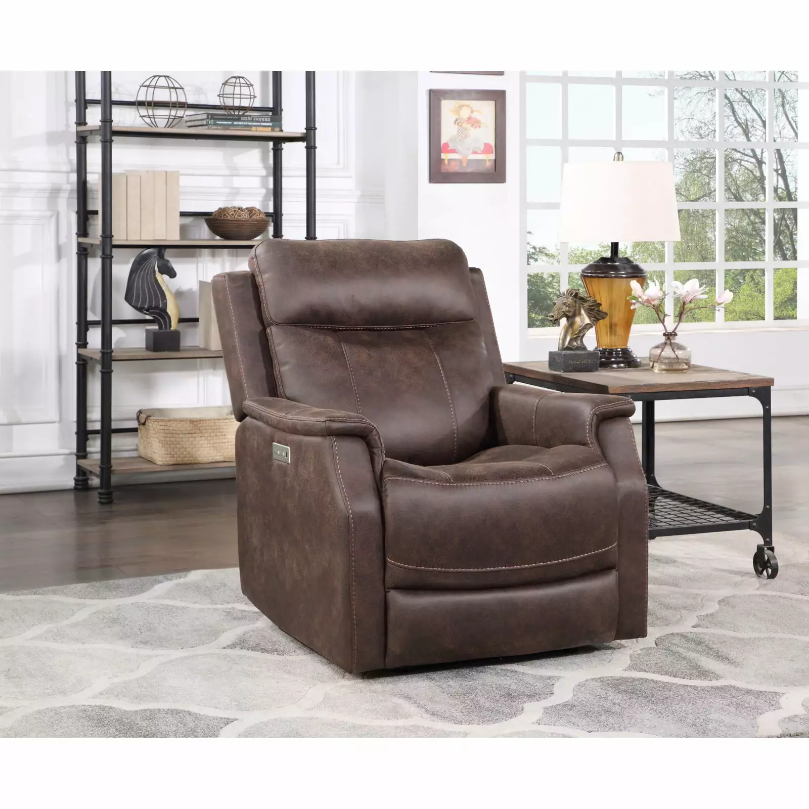 Compact Dual-Power Recliner Walnut Leatherette Power Footrest, Headrest, and USB Charging Miekor