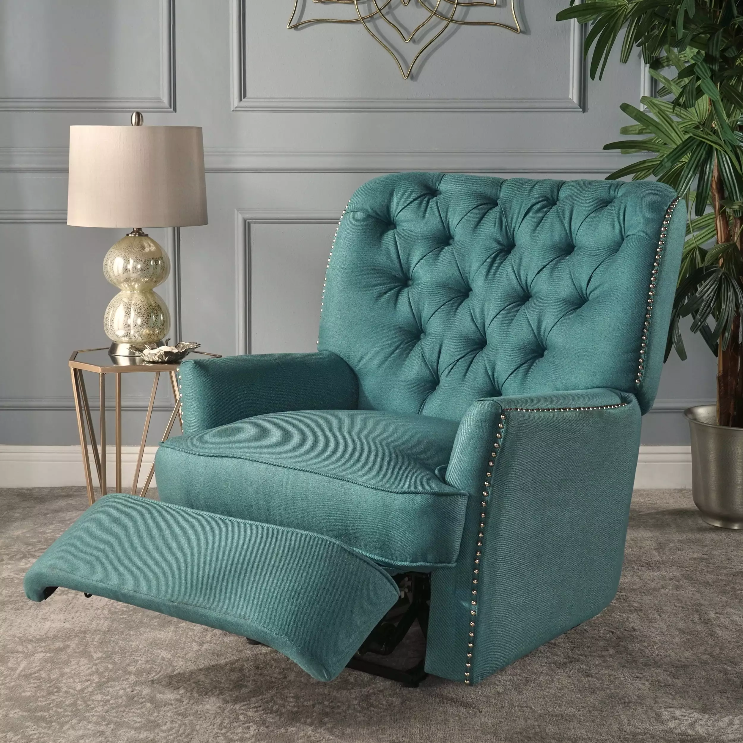 Noble House Chatwin Standard Tufted Fabric Power Recliner Dark Teal