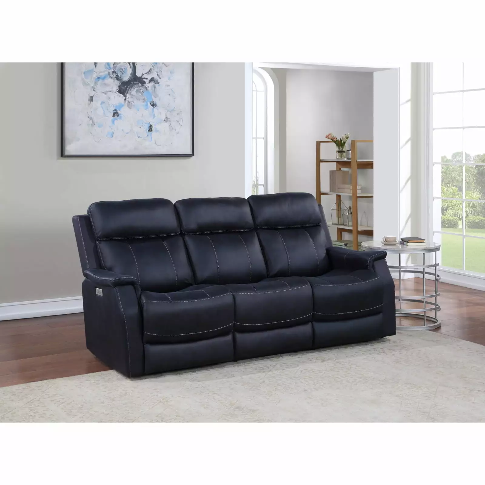 Tailored Dual-Power Reclining Sofa Dark Blue Nubuck Leather-Like Cover Power Headrest and Footrest Ponnky