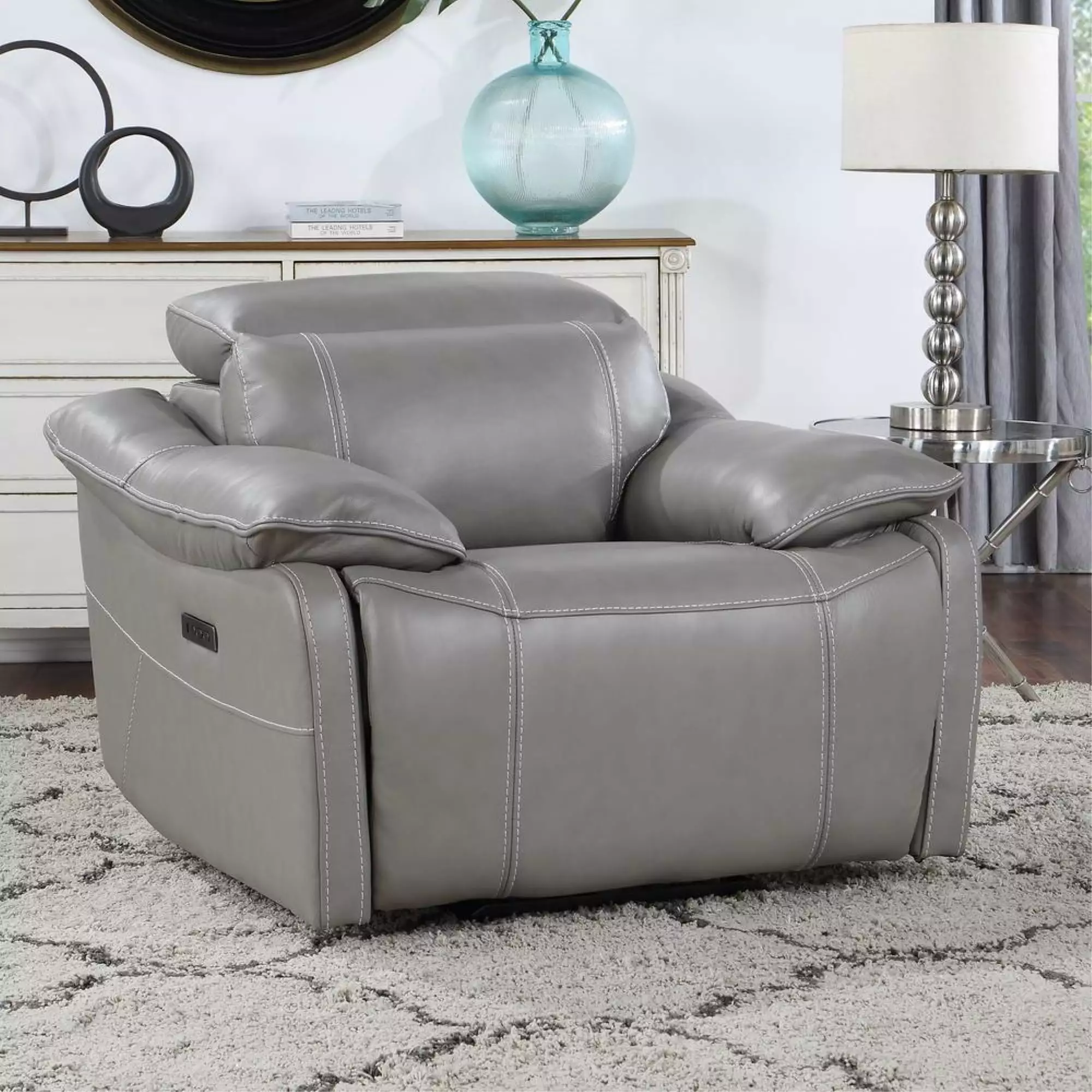 Alpine Smoke Gray Leather Power Recliner Comfortable Cushioning Steve Silver Company