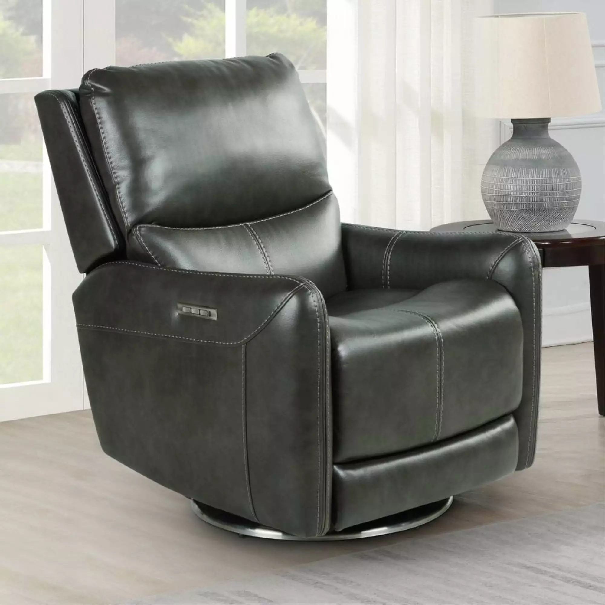 Athens Swivel Charcoal Faux Leather Power Recliner Steve Silver Company