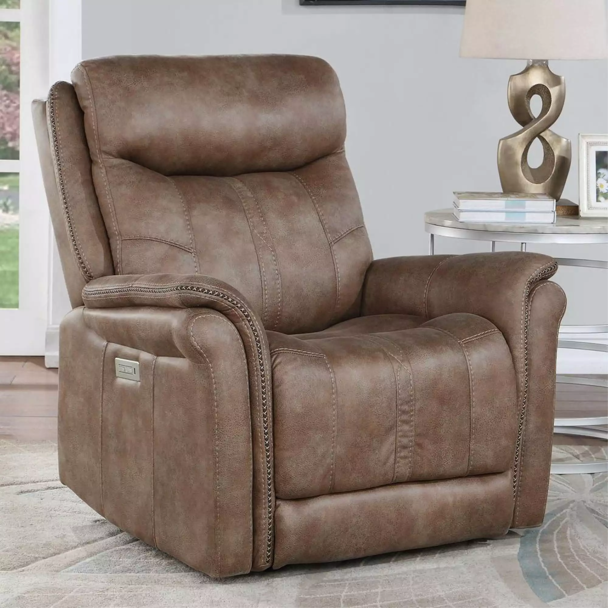 Morrison Camel Brown Polyester Faux Suede Leather Power Recliner Chair Steve Silver Company