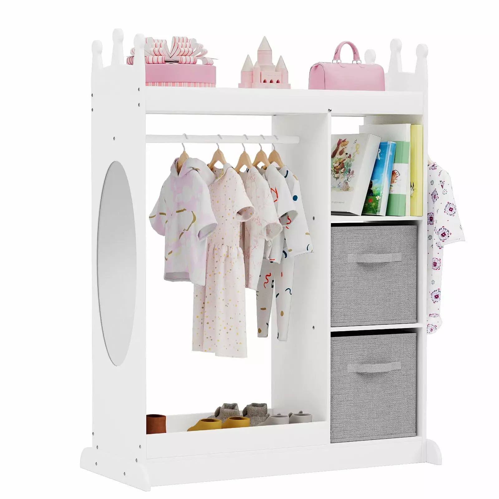 KORIMEFA Kids Dress Up Storage Closet Mirror and 2 Storage Bins