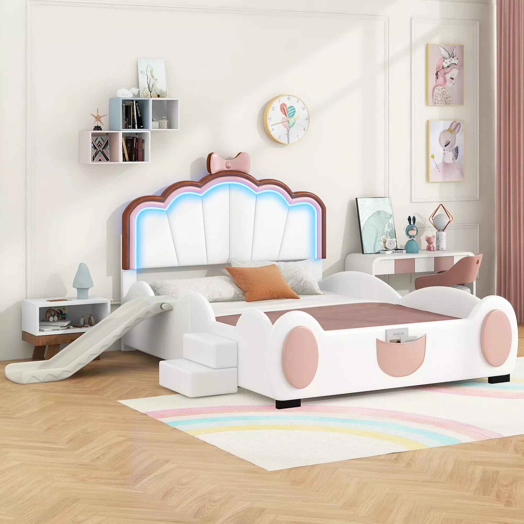 Bellemave Full Size PU Leather Upholstered Bed Shell-Shaped Headboard and LED Lights Princess Bed Slide and Ladder Low Pla...