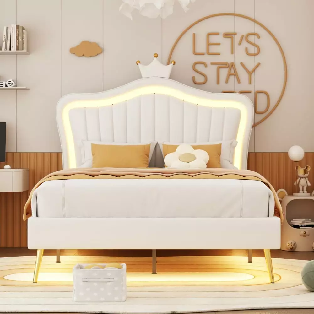 Full Size Upholstered Bed Frame Crown Headboard LED Lights PU Leather Princess Bed Kids Teens Girls No Box Spring Needed W...