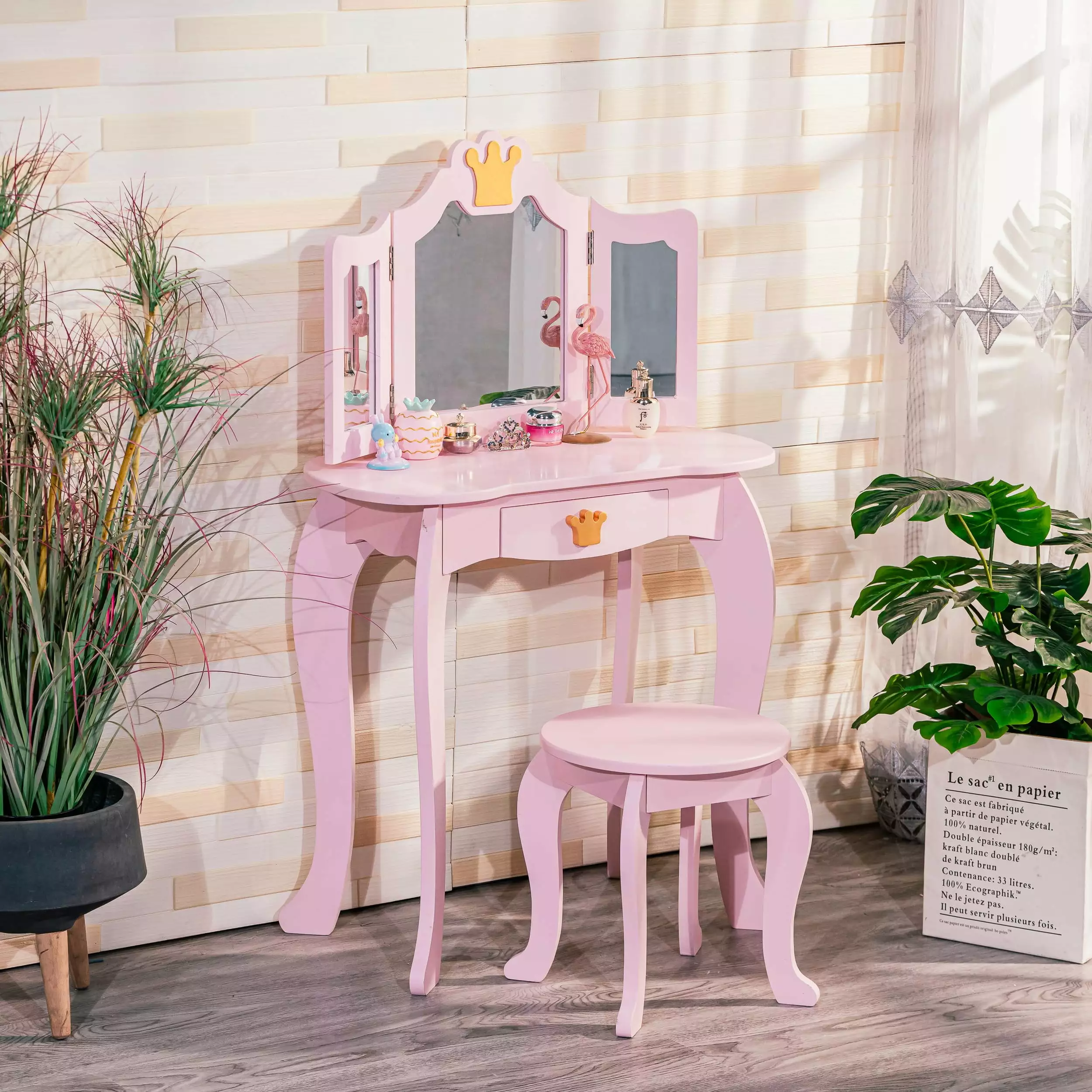 DSstyles Kids Vanity Girls Vanity Table Mirror Stool Tri-Folding Mirror & Drawer 2 1 Wooden Princess Makeup Desk Dressing ...