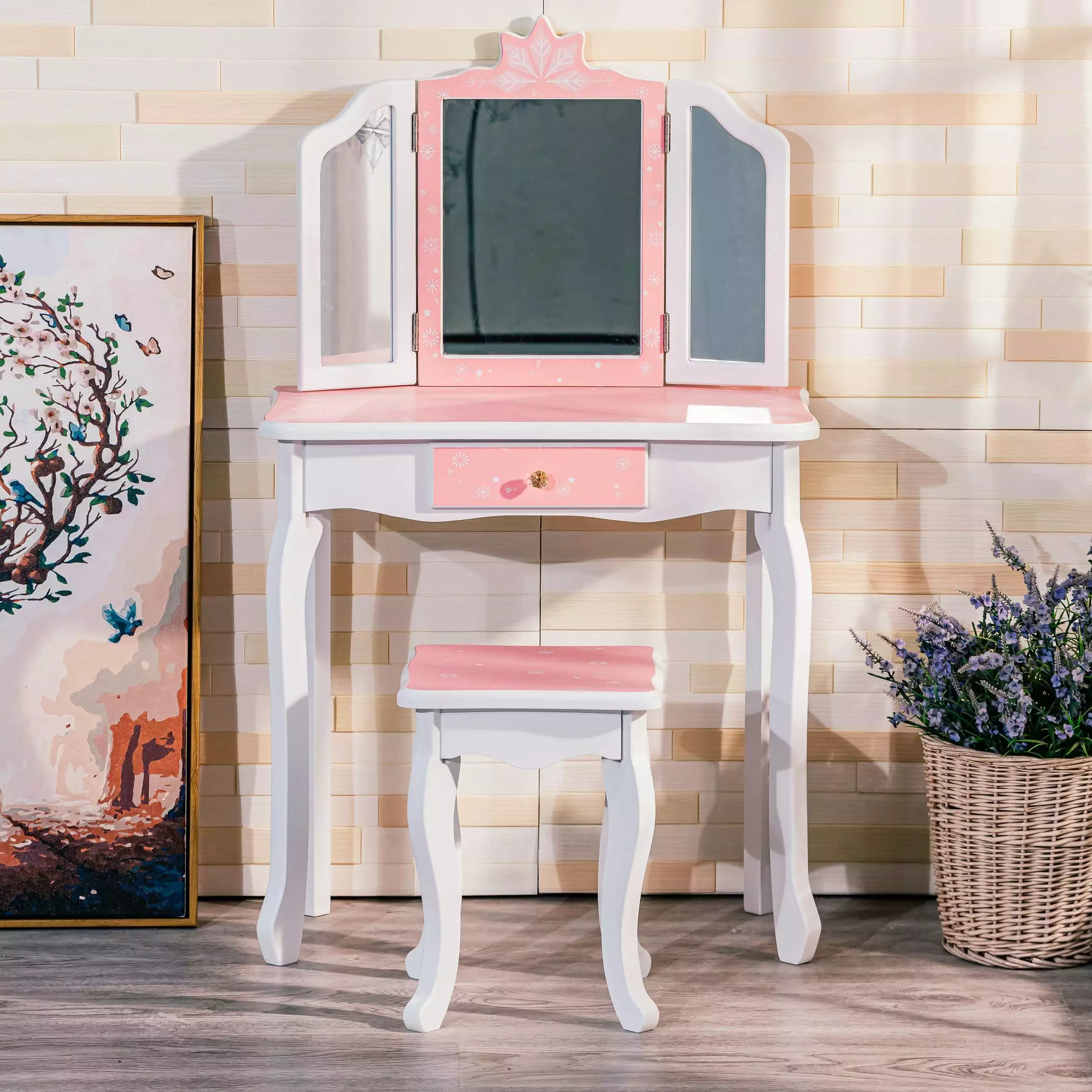 Kids Vanity Girls Vanity Table Tri-Folding Mirror Stool & Drawer 2 1 Wooden Princess Makeup Desk Dressing Table Toddler Va...