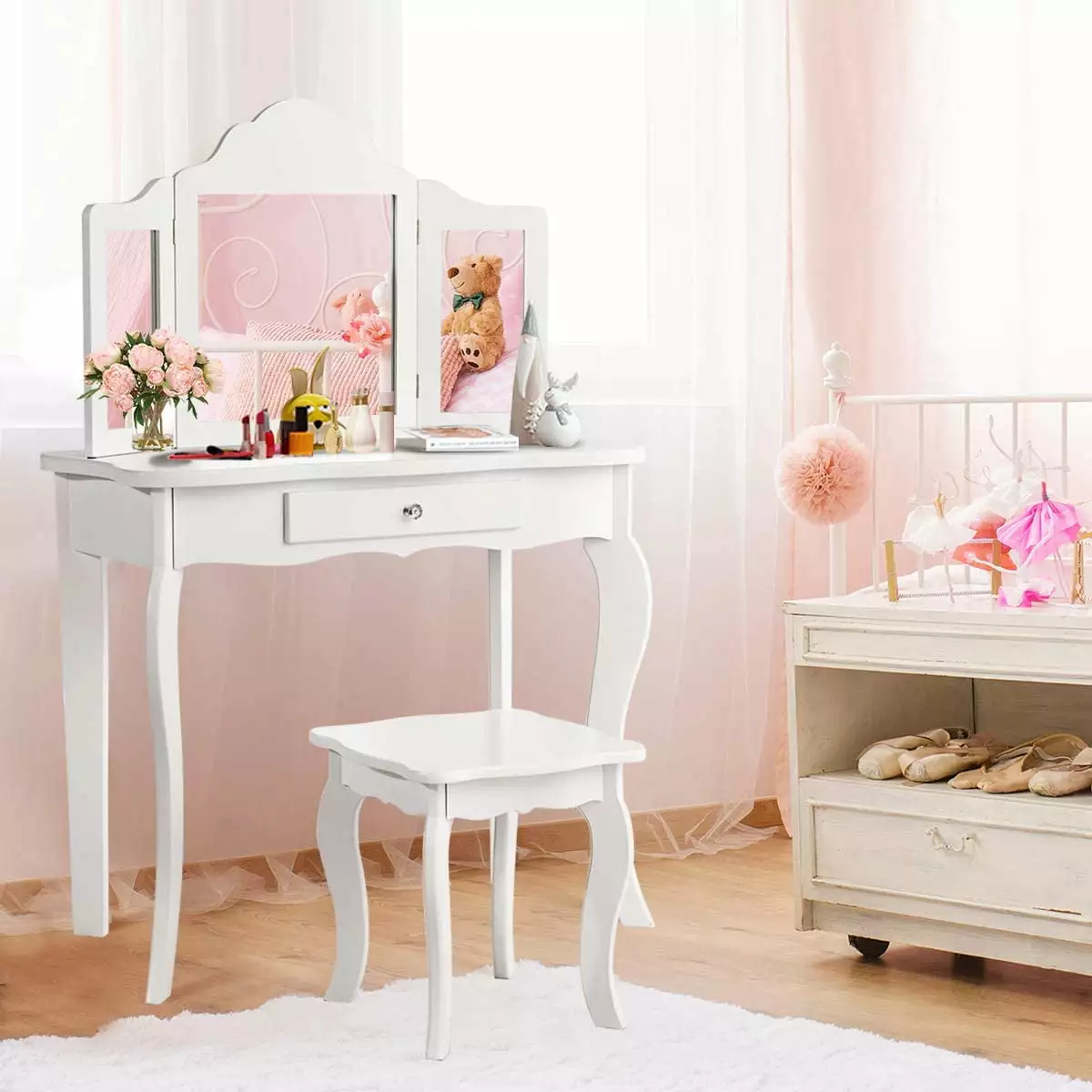 Kids Wooden Vanity Table and Stool Set 2 1 Detachable Design Folding Mirror Girls Tongou