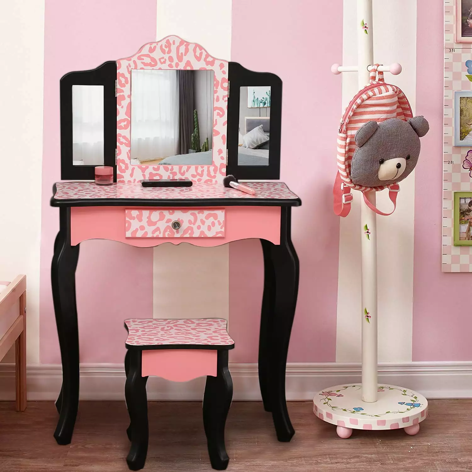 BaytoCare Princess Kids Vanity Table and Stool Set Childrens Makeup Dressing Furniture FCH