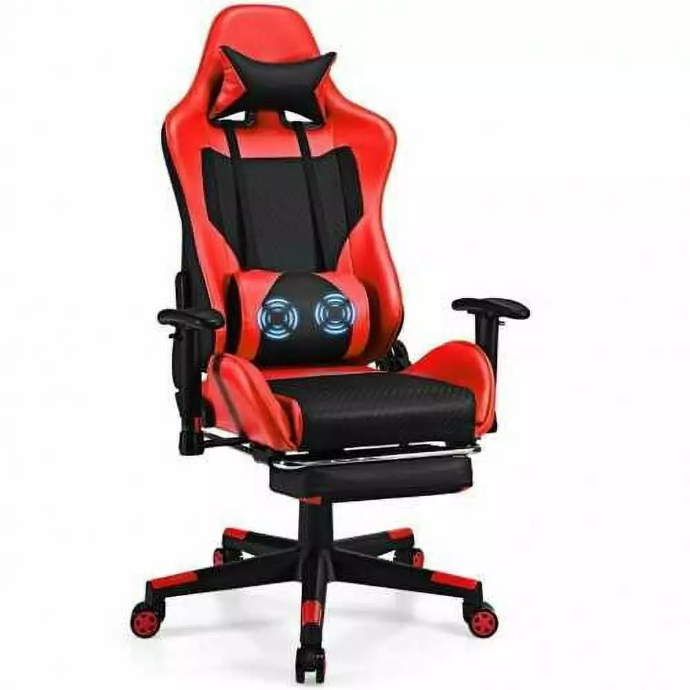 PU Leather Gaming Chair USB Massage Lumbar Pillow and Footrest - Red Color Gamers Mellyx Home