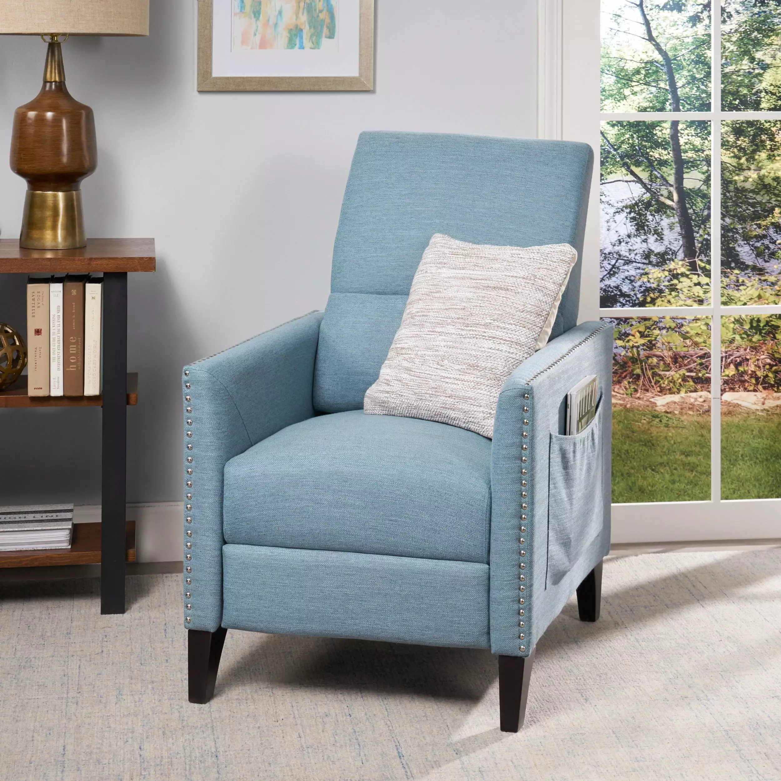 Push Back Recliner Light Blue Soft Fabric Living Room Chair Jamini