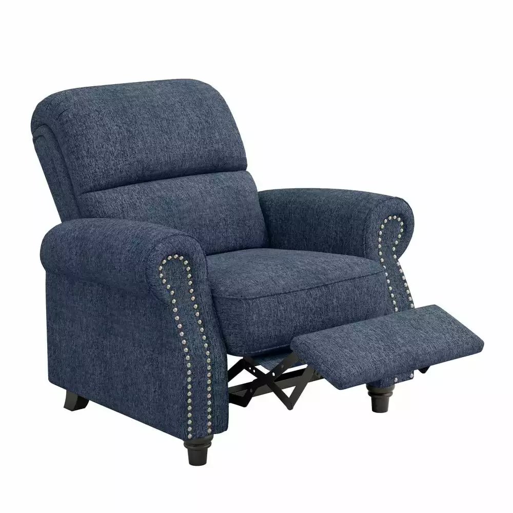 ProLounger Bustle-Back Pushback Recliner Nailheads Blue Chenille Upholstery