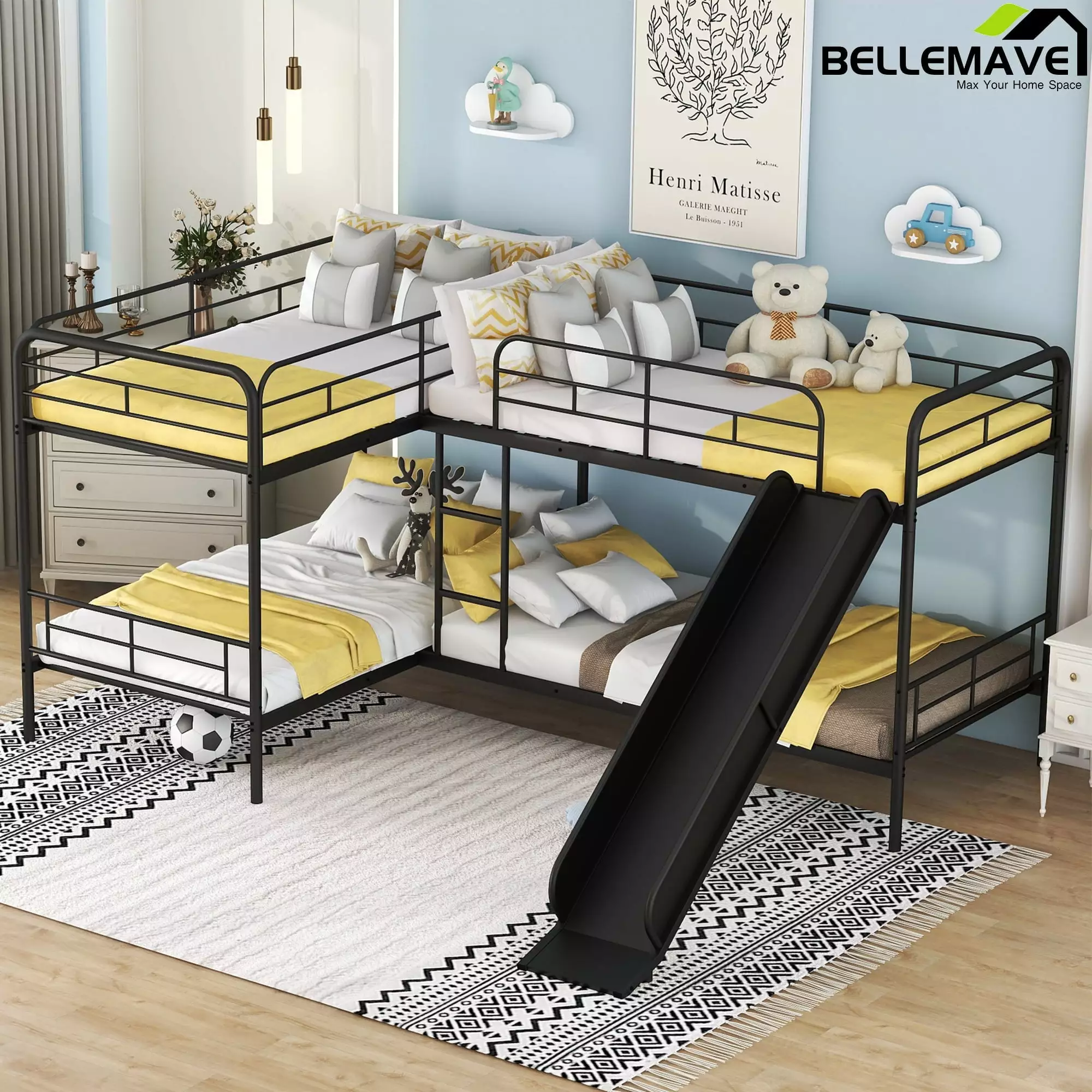 Bellemave Twin Size L-Shaped Bunk Beds Slide and Ladder - Heavy-Duty Metal Quad Bunk Beds 4 Kids Teens Adults Black