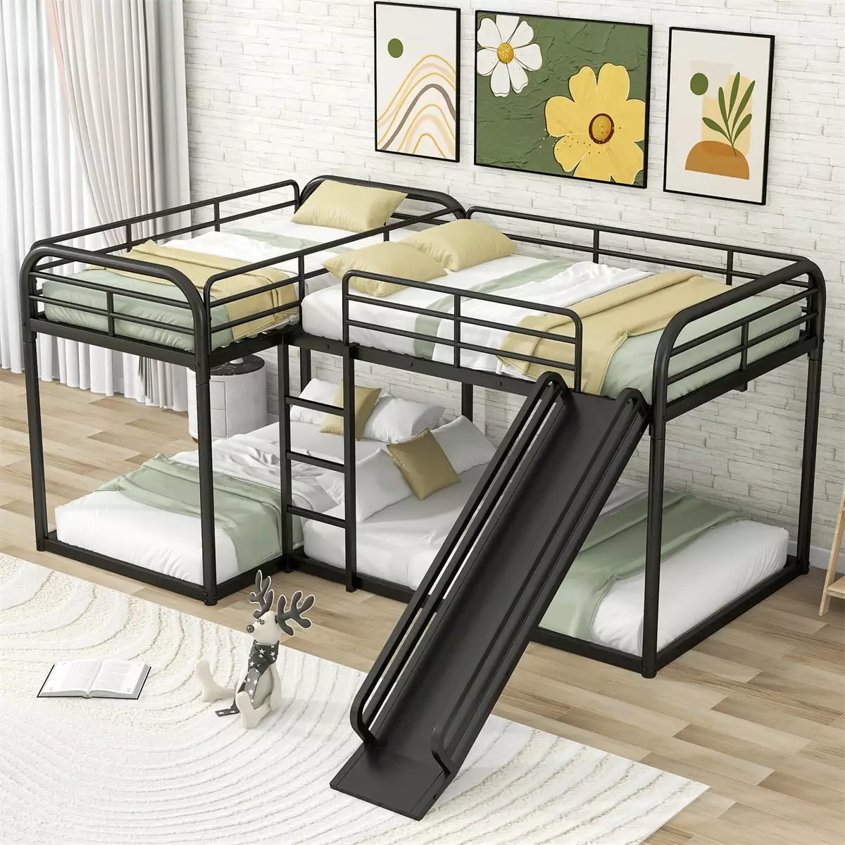 Quad Bunk Beds 4 - Full and Twin Size L-Shape Metal Bunk Bed Slide - Black Triple Tree