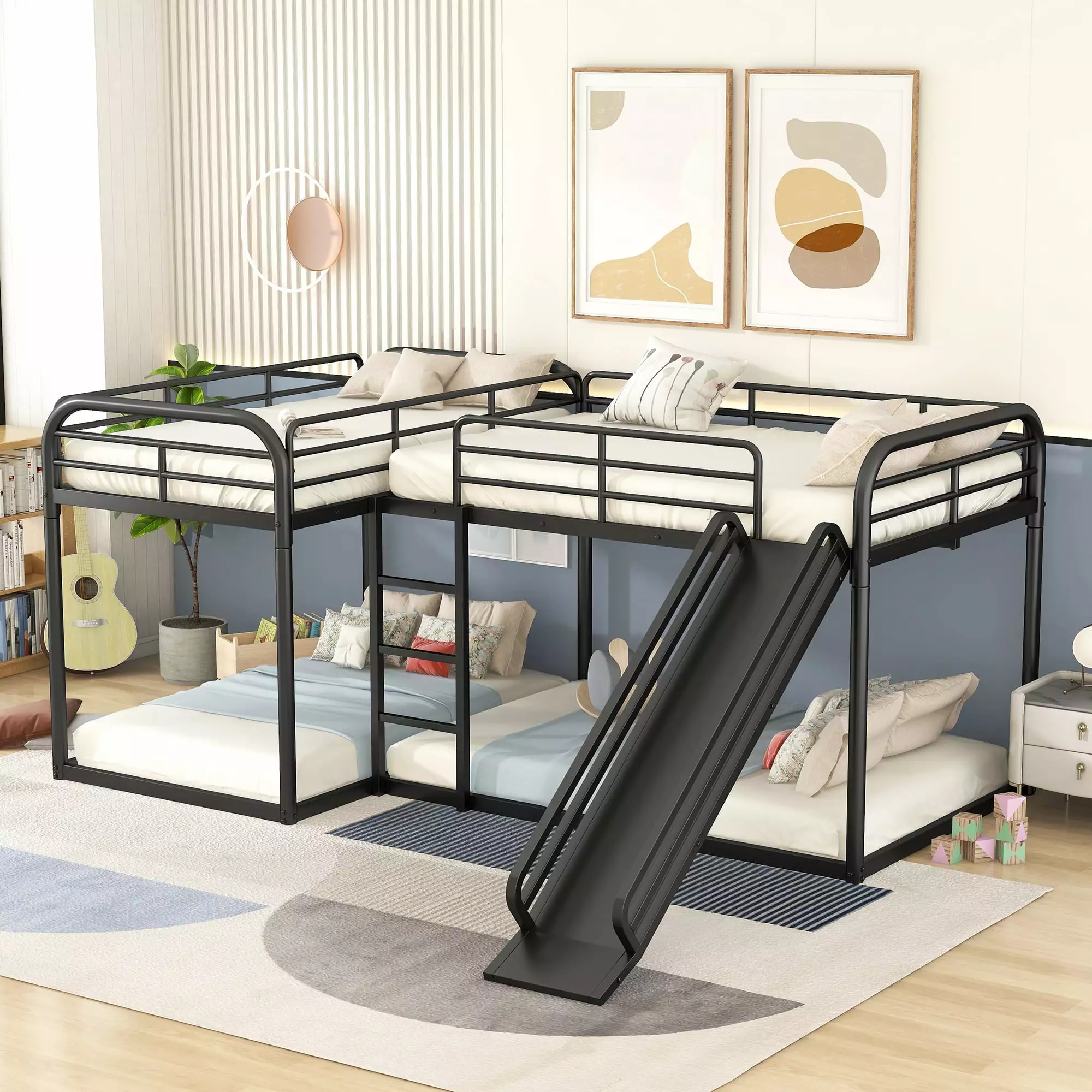 Euroco L-Shaped Quadruple Metal Bunk Bed Twin over Twin and Full over Full Slide Kids Black