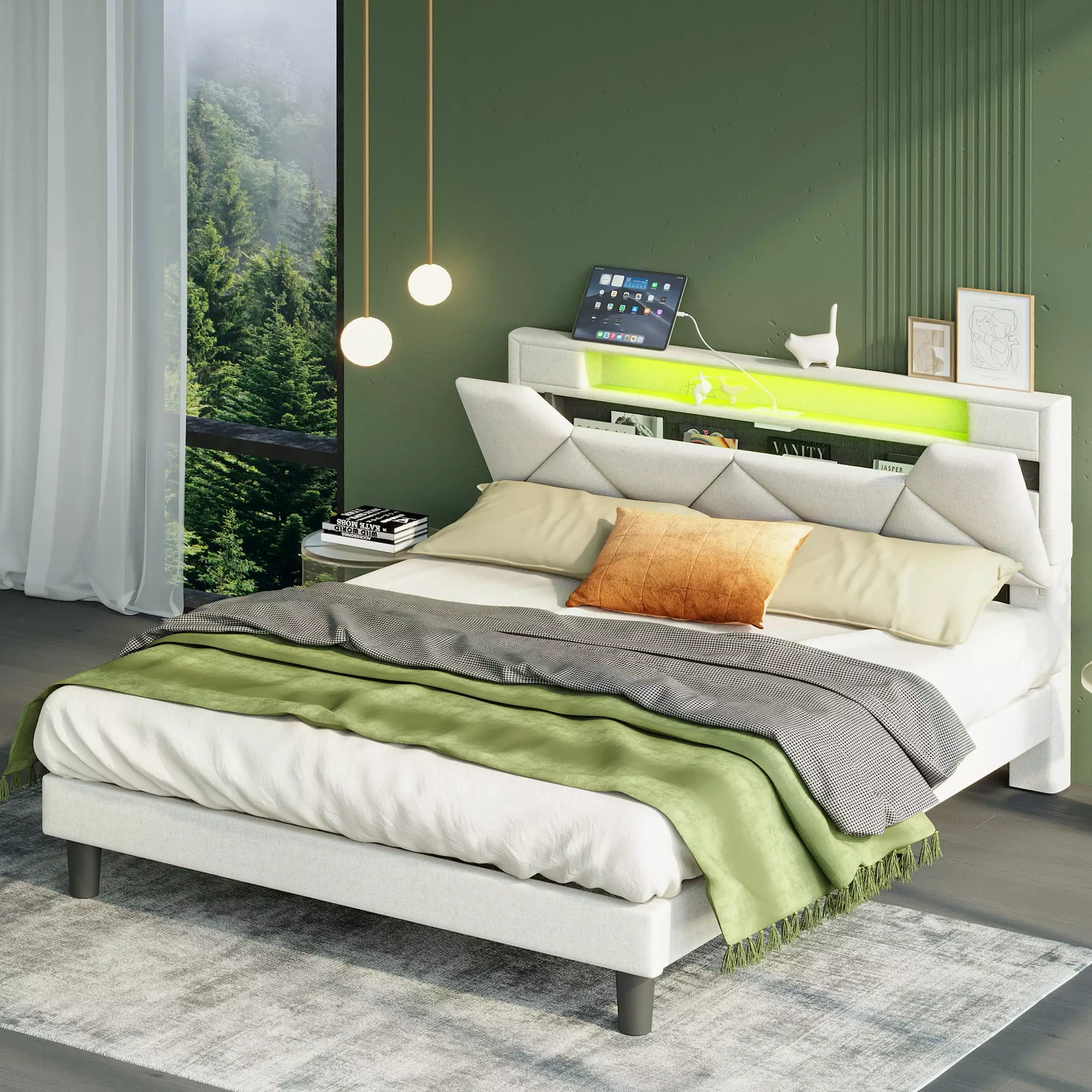 ANCTOR Queen Bed Frame Storage Headboard Charging Station and LED Lights Beige