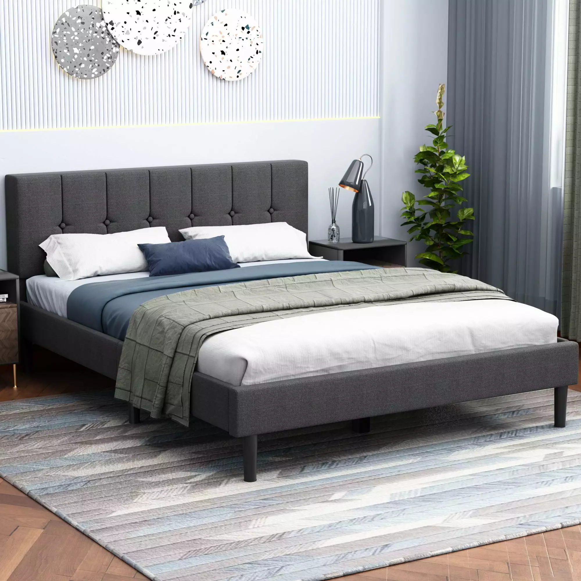 Lijimei Queen Bed Frame Upholstered Headboard Button Tufted Style Dark Gray Fabric