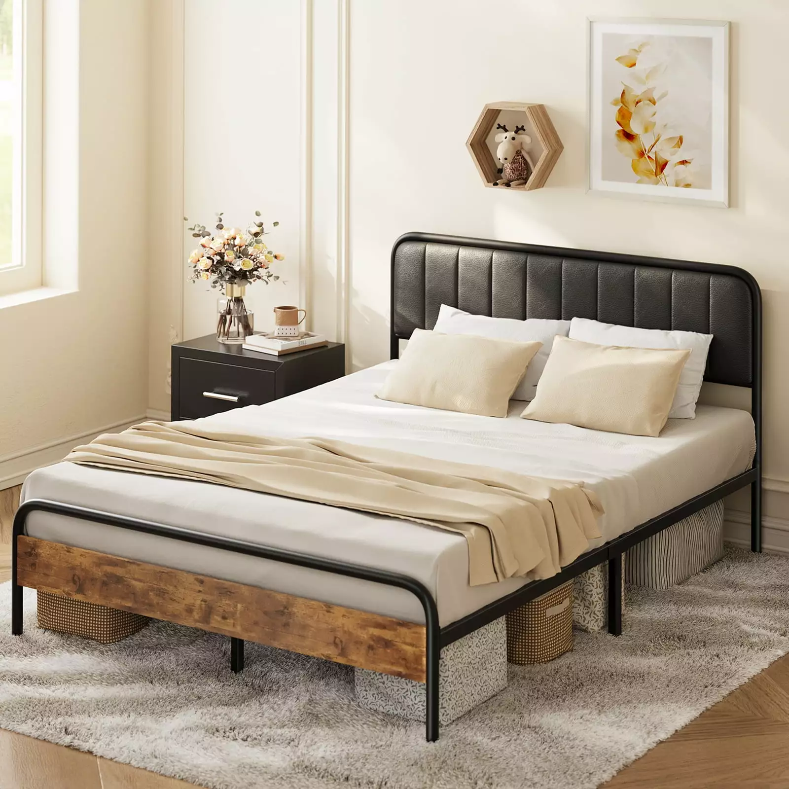 Lofka Queen Bed Frame Queen Size Bed Frame Upholstered Headboard and Wooden Footboard Metal Slats Black Finish