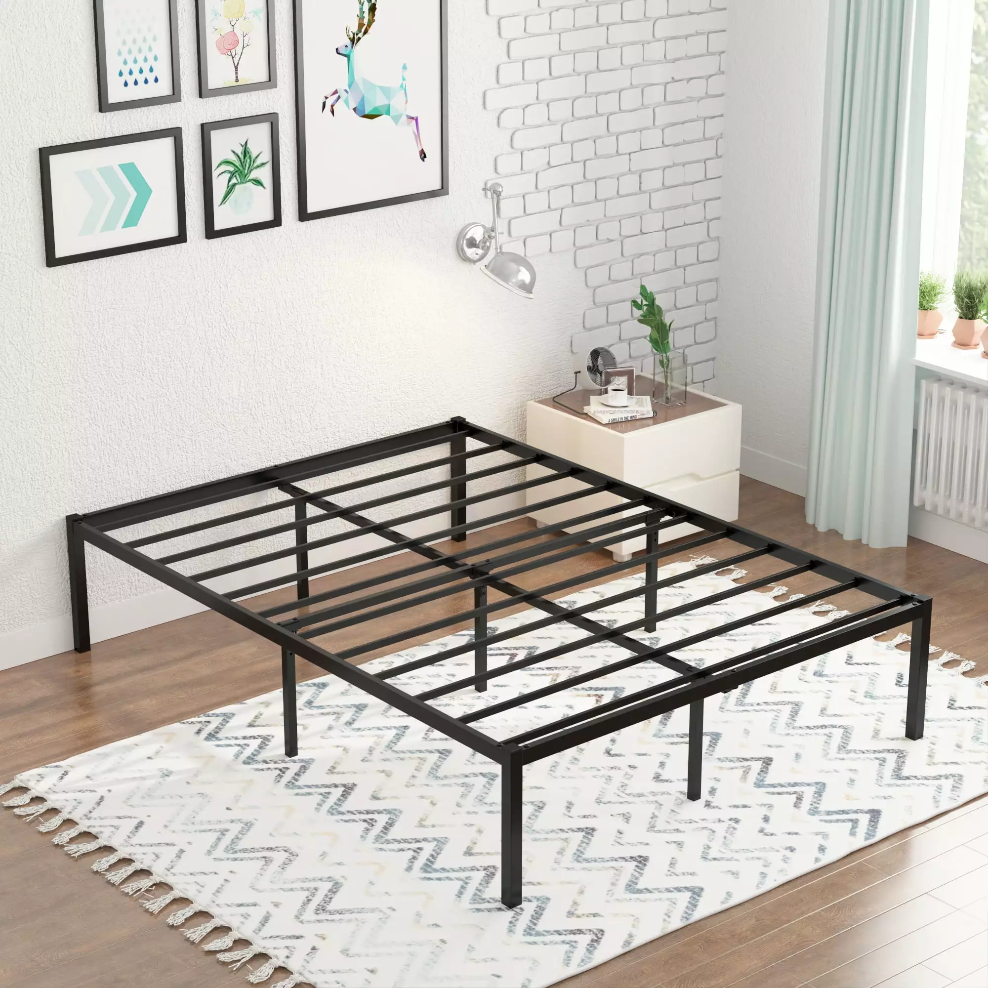 Yoneston 16 Inch Queen Metal Platform Bed Frame - Reinforced Heavy Duty No Box Spring Mattress Foundation Under-Bed Storag...