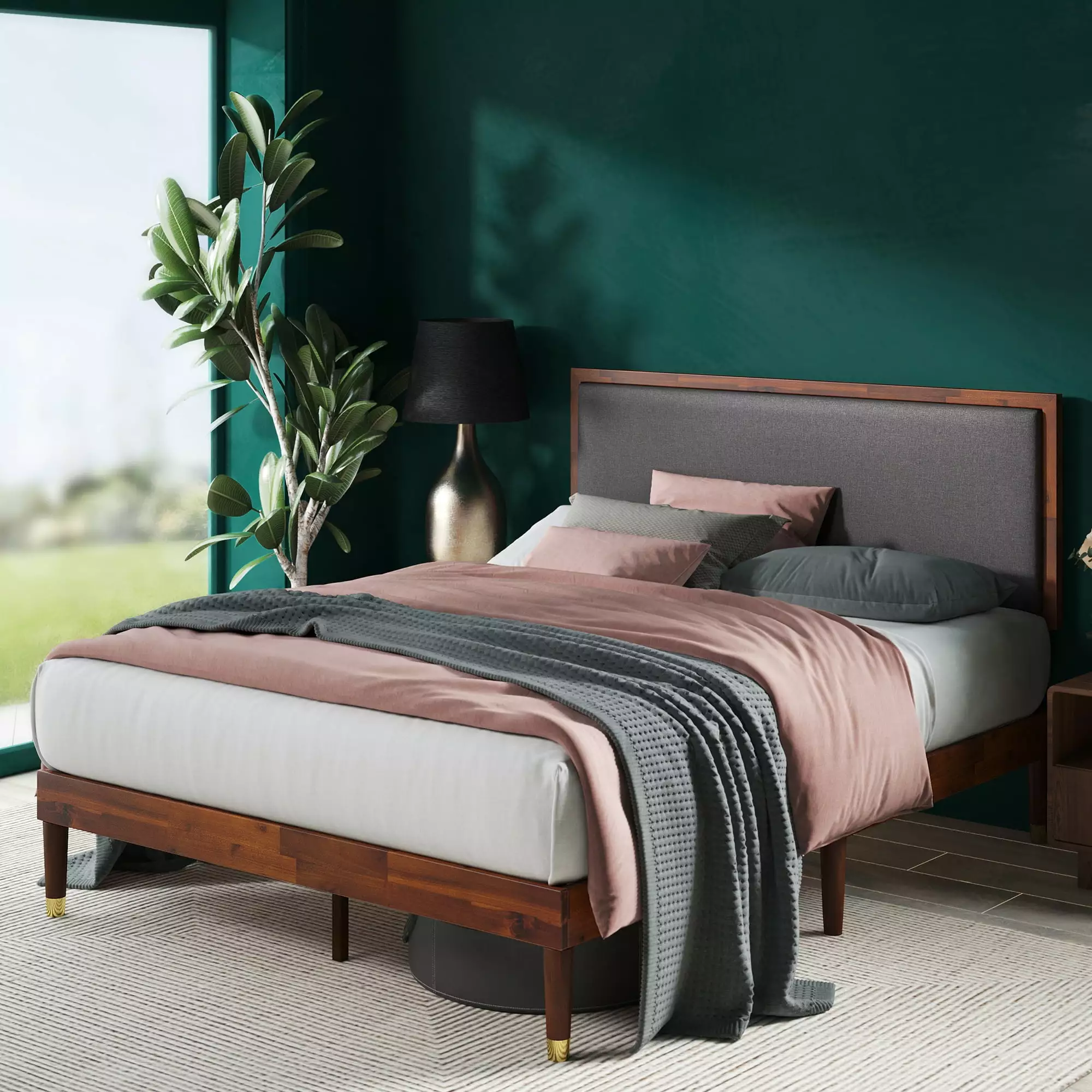Zinus Raymond 38 Wood Platform Bed Frame Adjustable Upholstered Headboard Queen
