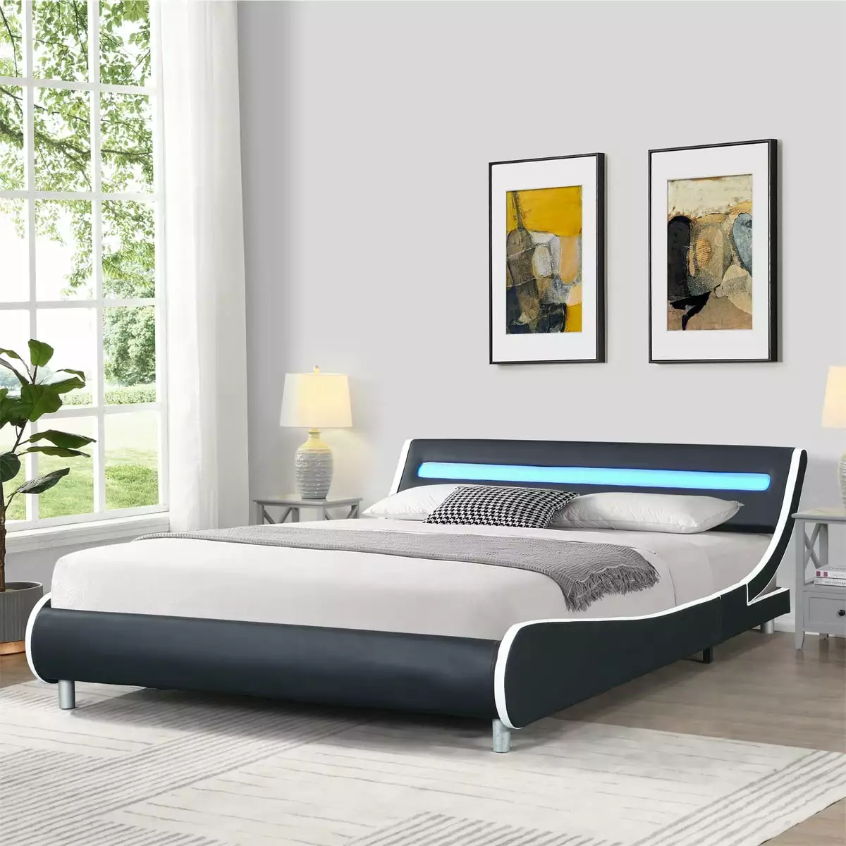 Queen Size Platform Bed Leather Upholstered LED Lights Headboard Black White ARCTICSCORPION