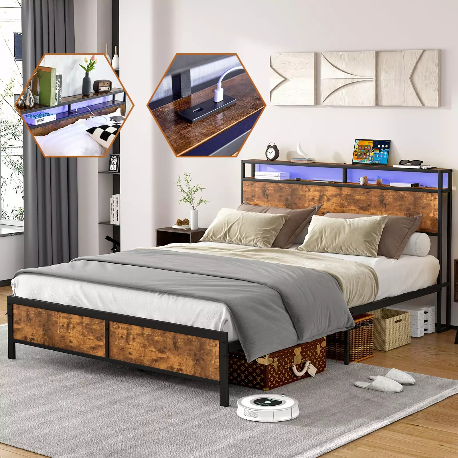 Bellemave Industrial Queen Size Bed Frame LED Lights USB Ports and 2-Tier Storage