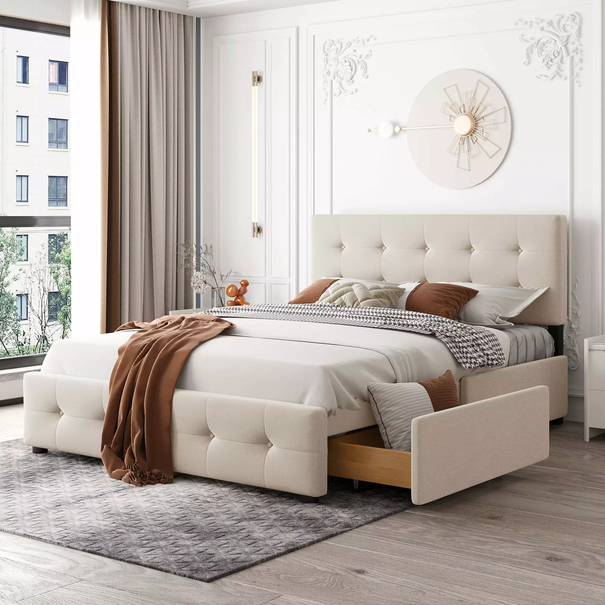 Bellemave Queen Size Upholstered Platform Bed 4 Drawers Storage Frame Timeless Headboard Linen Fabric Beige