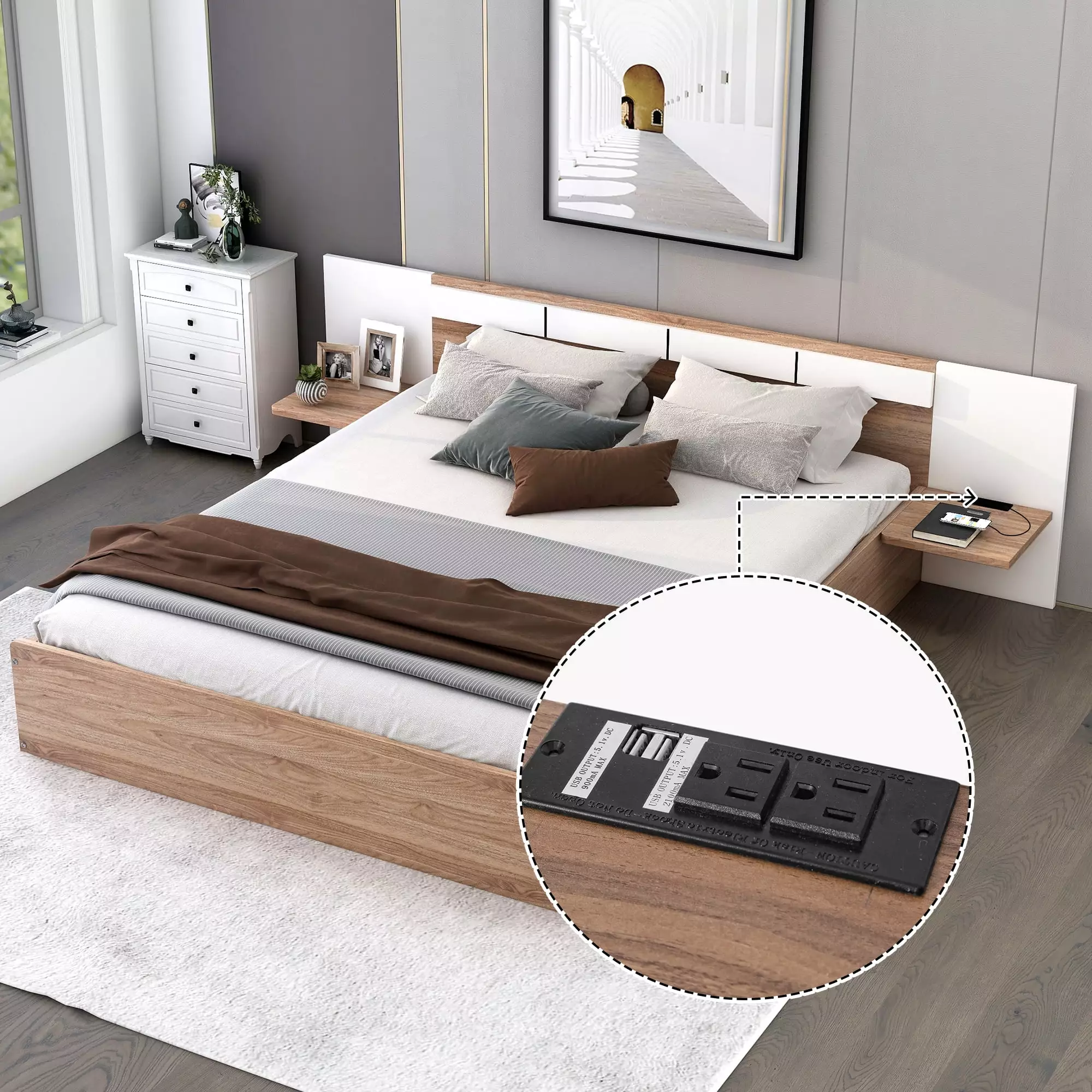 Wood Queen Size Platform Bed Oversized Headboard and USB Ports - Hotel Style Bed Bellemave