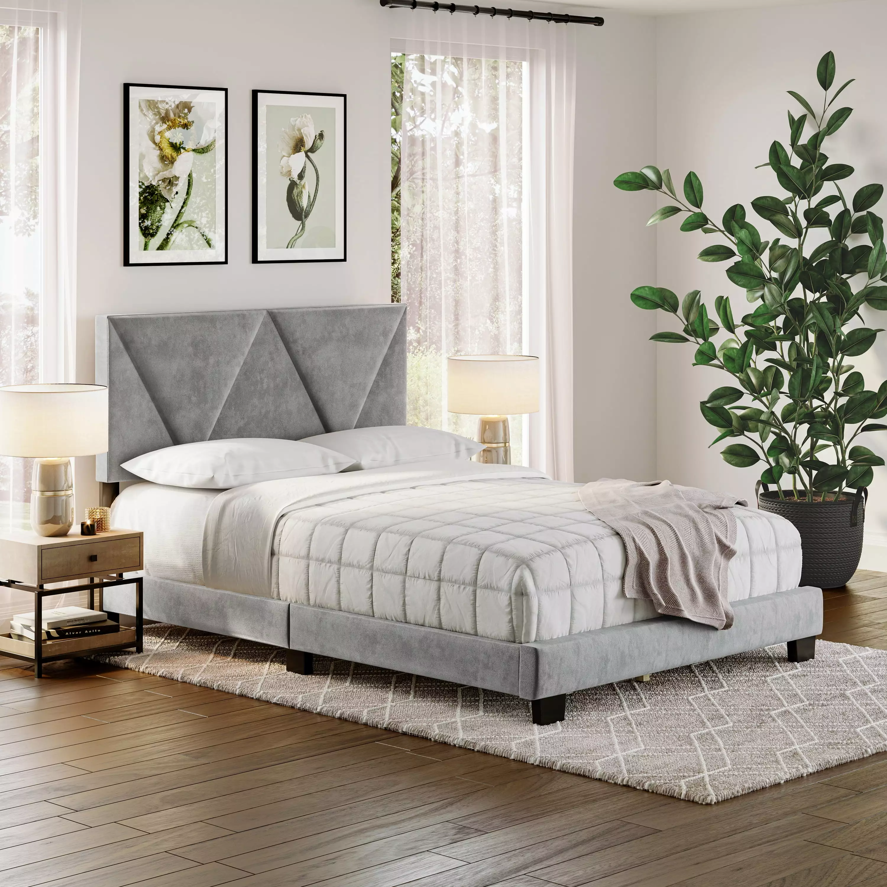 Boyd Sleep Vector Velvet Upholstered Platform Bed Gray Queen Size Modern Bed Frame Headboard