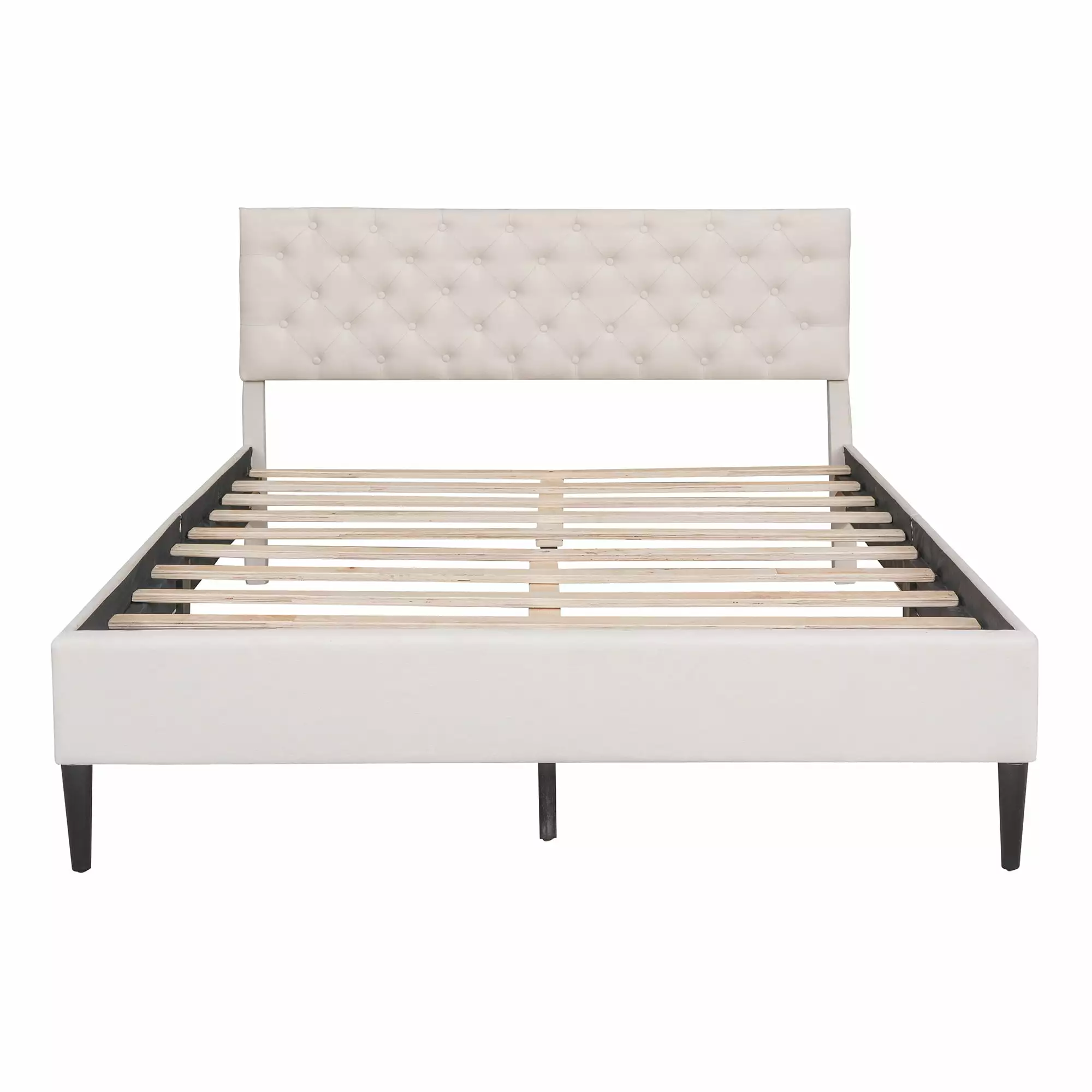 BTMWAY Queen Size Upholstered Platform Bed Headboard and Wooden Slats Beige