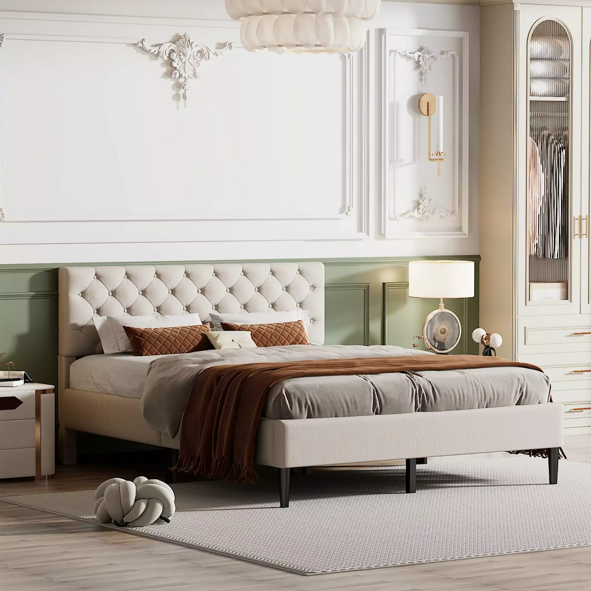BTMWAY Queen Size Upholstered Platform Bed Frame Button Tufted Headboard - 500lbs Capacity Beige