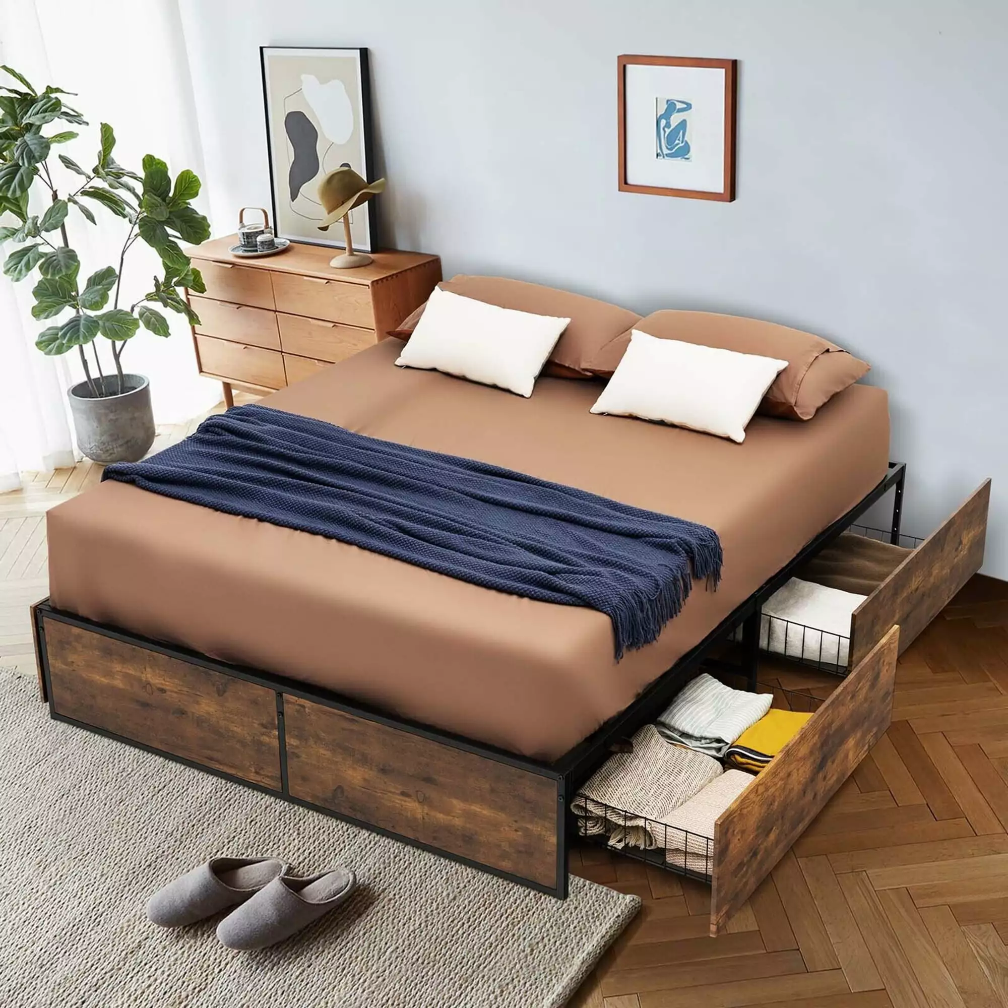 Gymax Queen Industrial Metal Platform Bed Frame 4 Drawers and Wooden Footboard