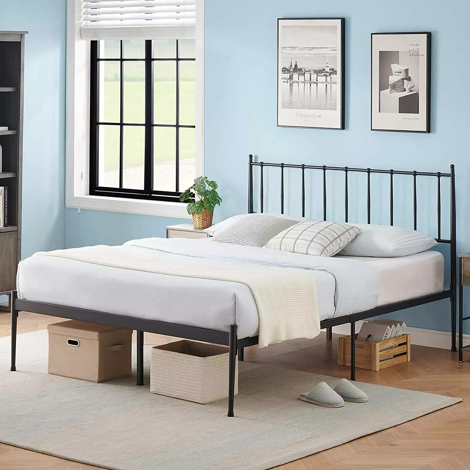 Queen Size Metal Platform Bed Frame Headboard Slat Support Mattress Foundation No Box Spring Needed Joyspirit