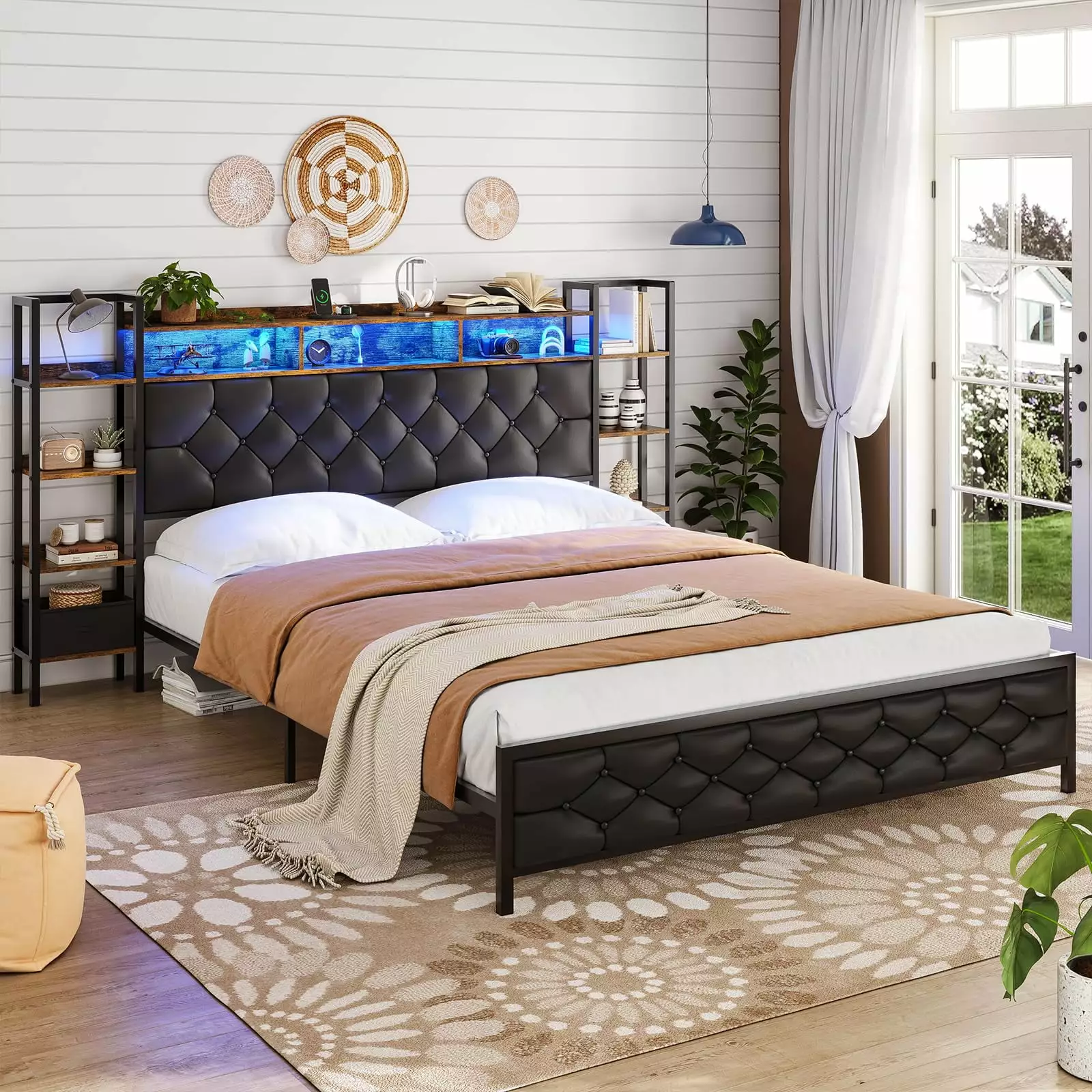 Queen Size Platform Bed Frame Headboard - Storage Shelves LED Lights and Charging Station Kicode