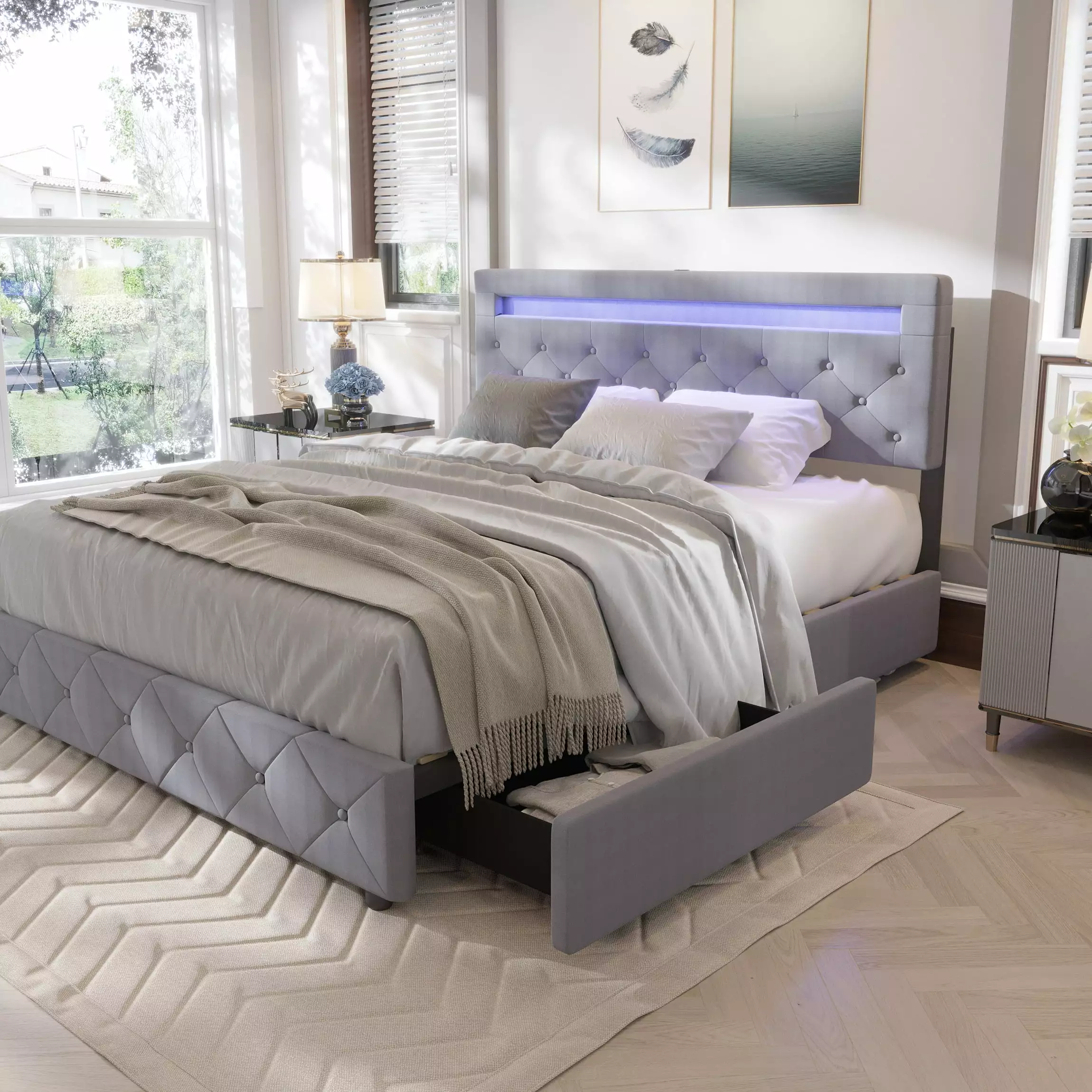CAIDI QUEEN Size Bed Frame LED Light Headboard Upholstered Platform Bed 4 Drawers Adjustable LED Lights Headboard Light Gr...