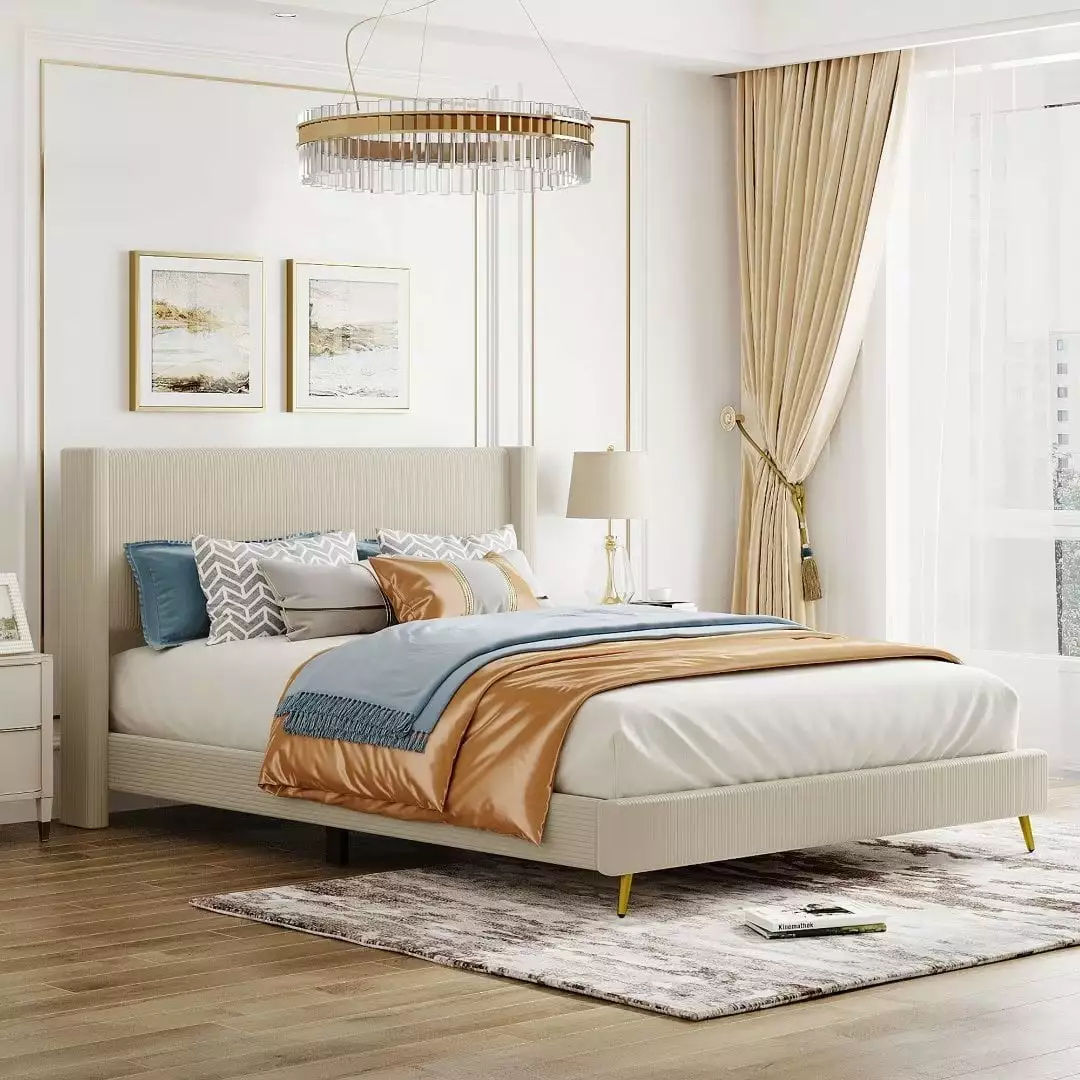 Queen Size Platform Bed Corduroy Upholstered Wingback Headboard Strong Wood Slats Support No Box Spring Needed Beige Tripl...