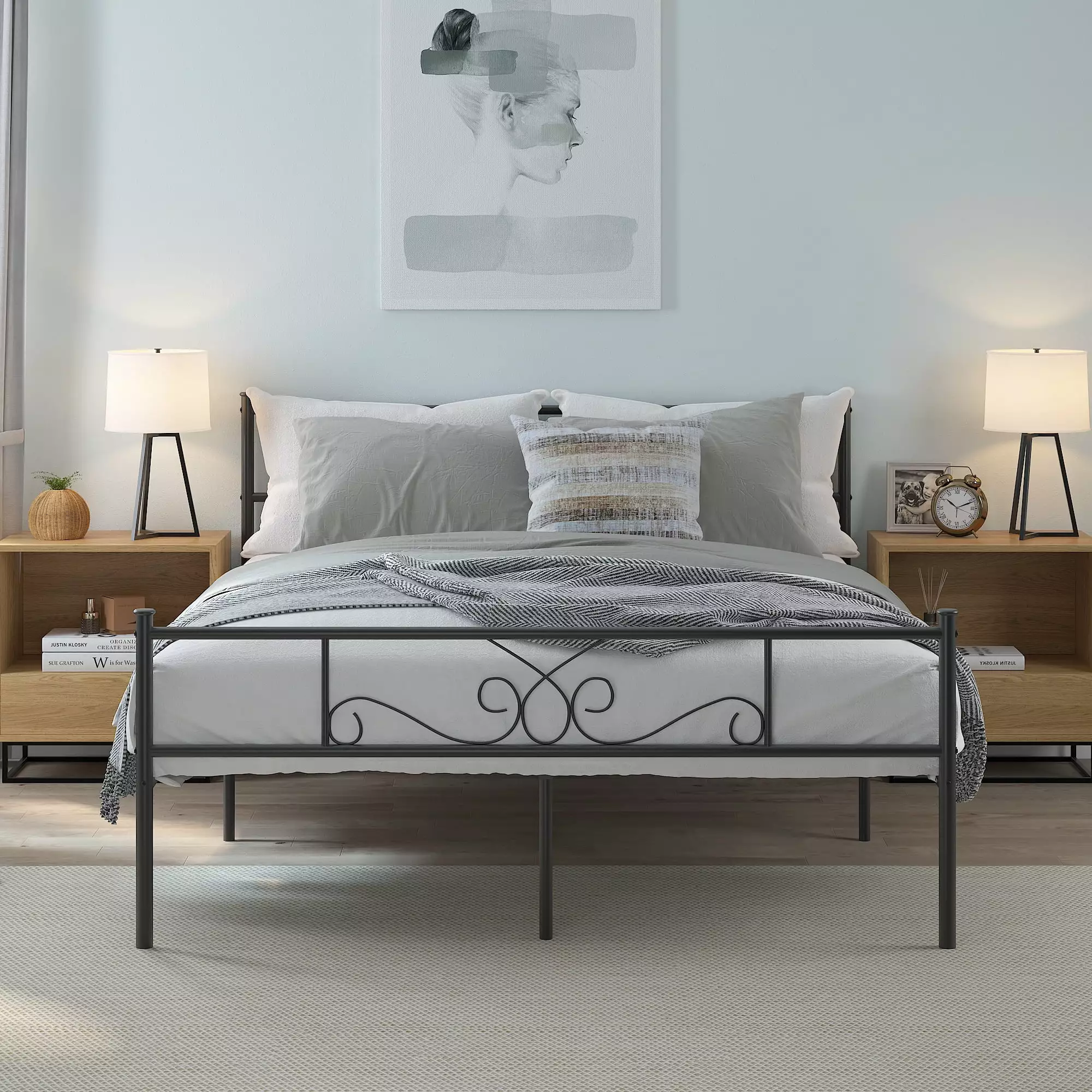 WeeHom Queen Metal Bed Frame Vintage Headboard Platform Mattress Foundation Black