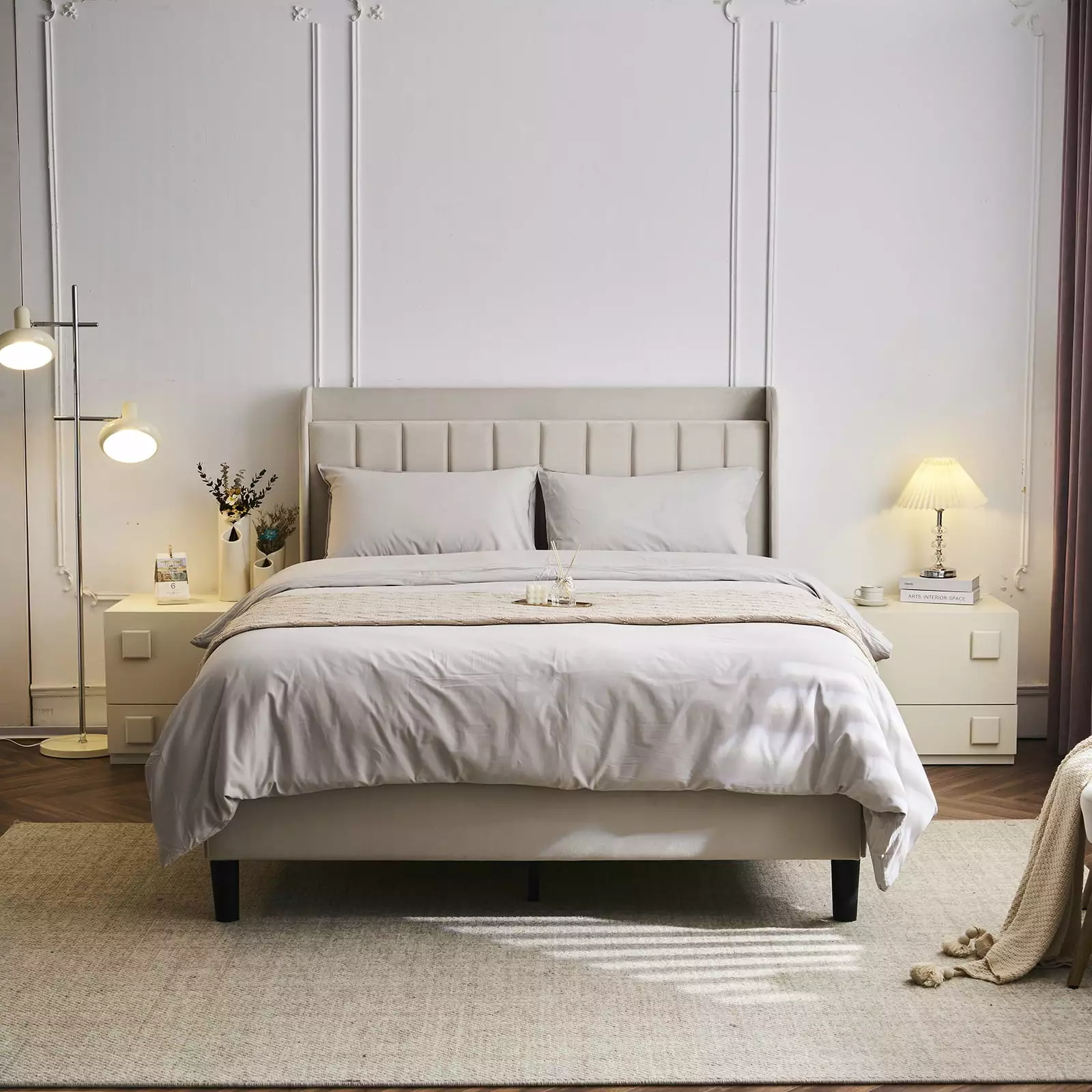 Zimtown Queen Bed Frame Charging Station Upholstered Headboard Modern Deluxe Wingback Beige