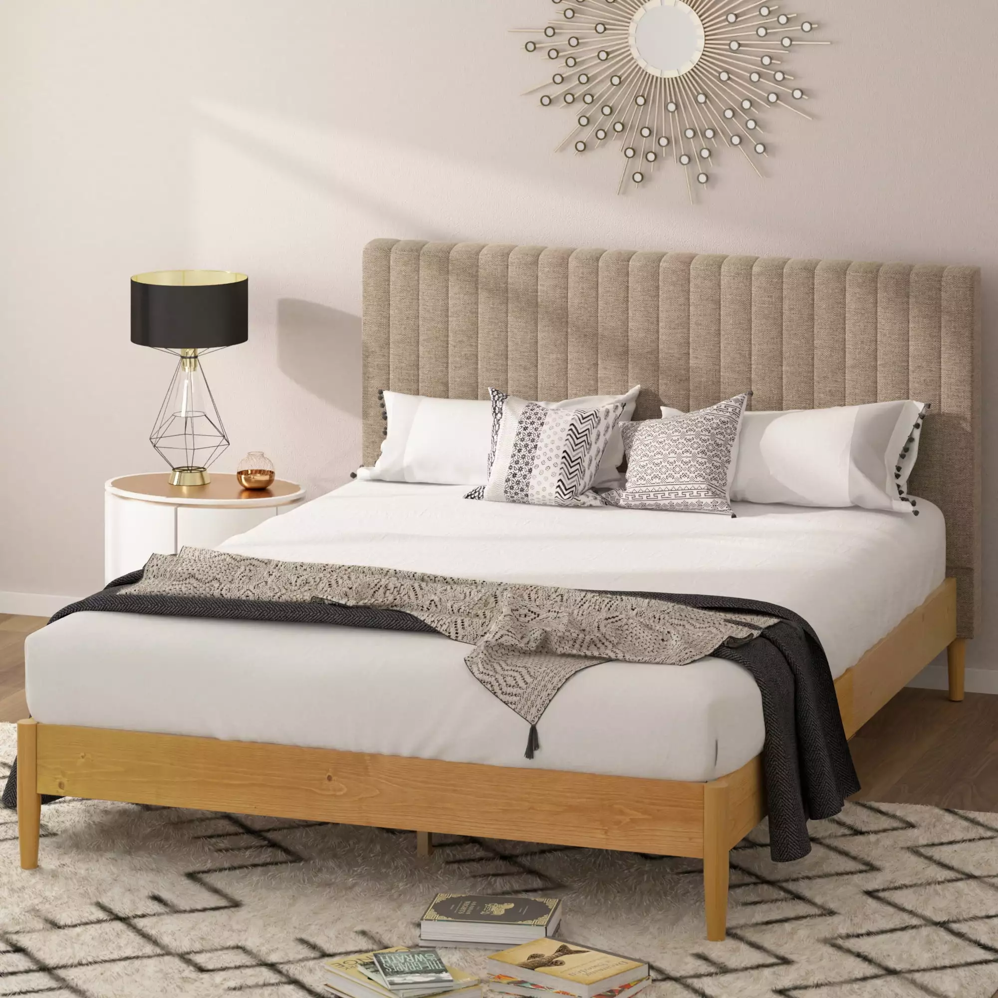 Zinus Amelia 41 Wood Platform Bed Frame Upholstered Headboard Queen Size Modern Bed
