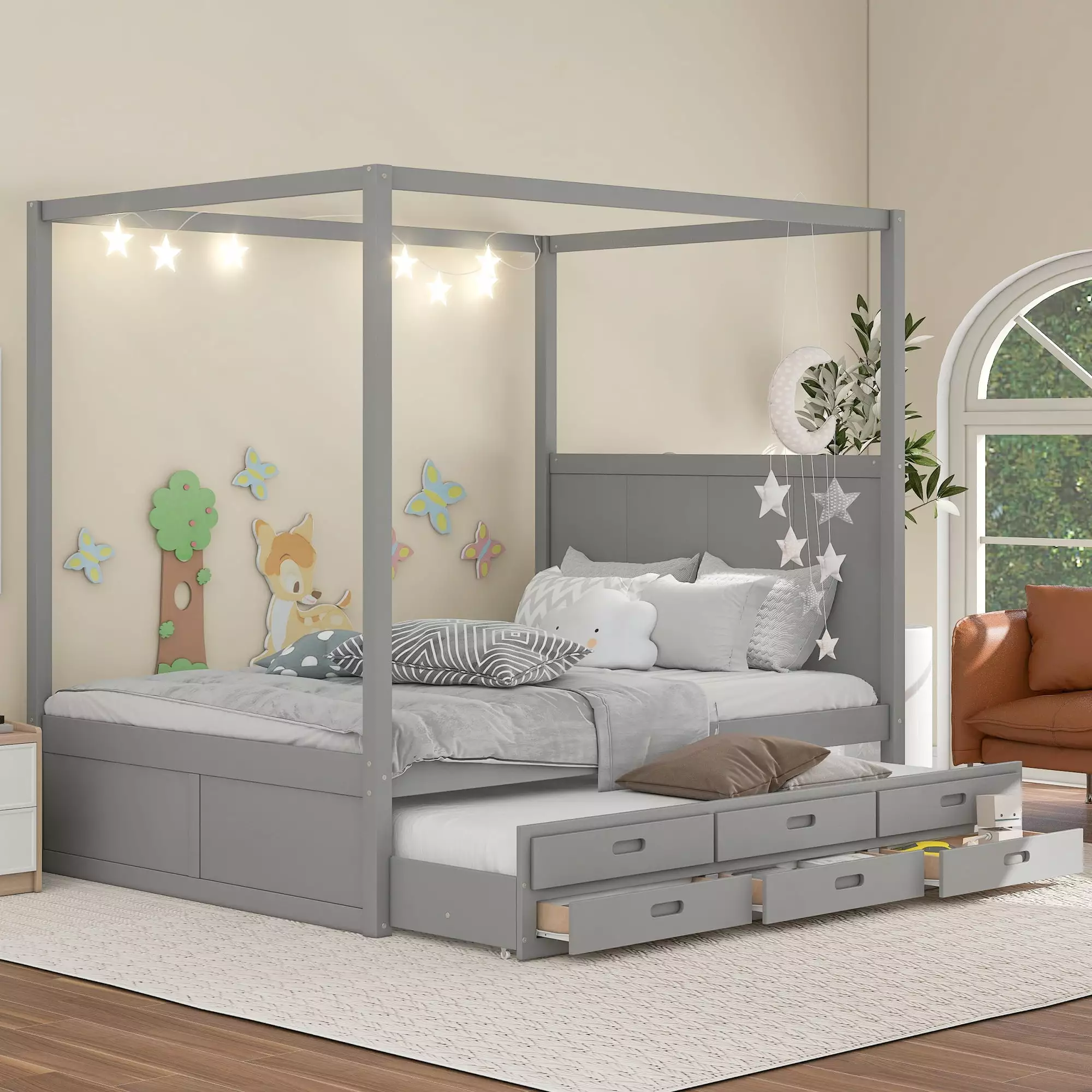 Bellemave Queen Size Canopy Bed Twin Size Trundle and 3 Storage Drawers Gray